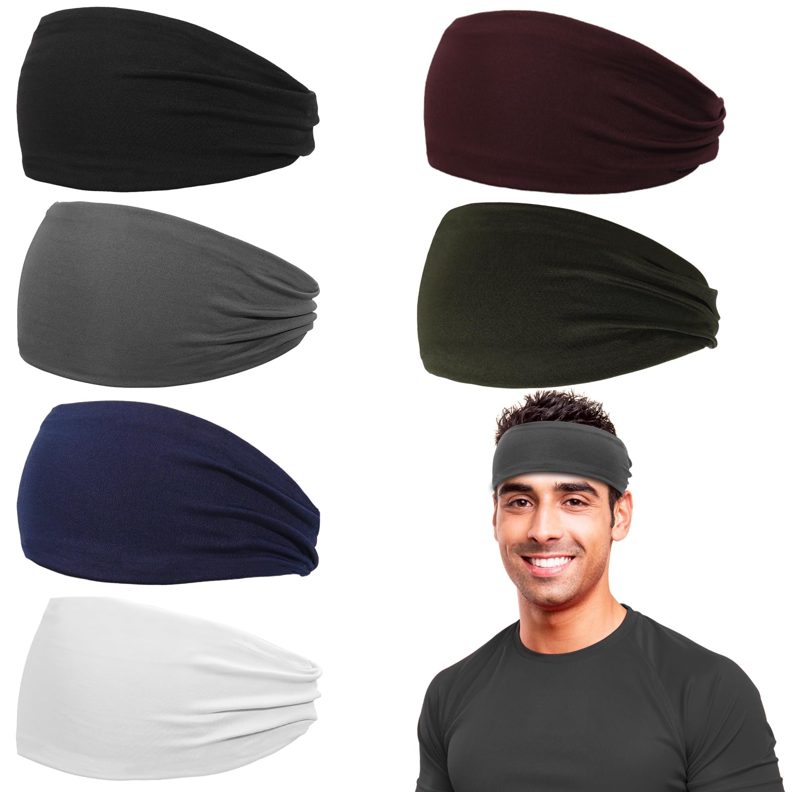 Headbands for Men, 6 Pack Mens Headband Sports Sweatbands, Moisture Wicking Hair Bands for Running, Cycling, Basketball, Yoga, Fitness, Workout Sweat