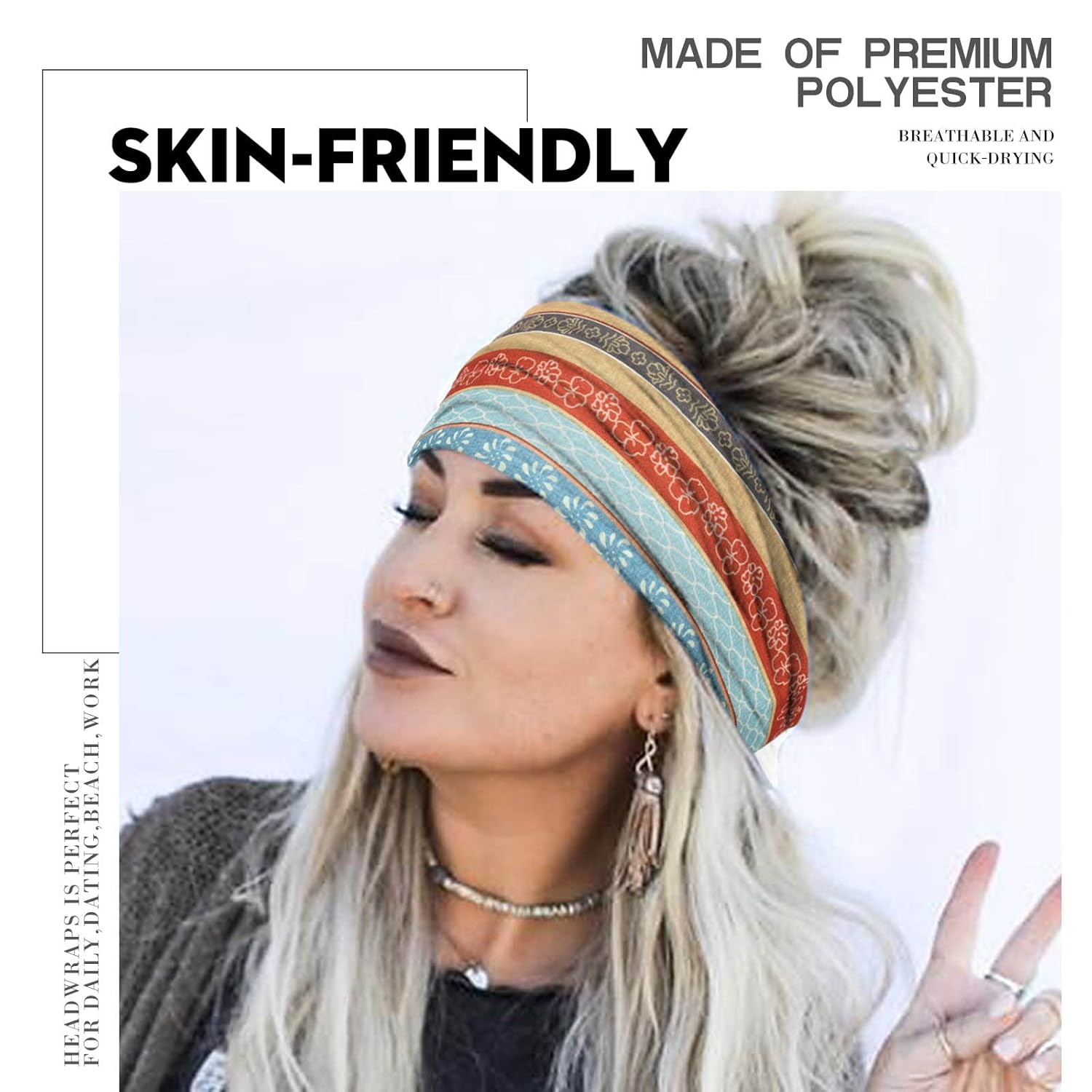 Olbye Boho Headbands Women Wide Head Bands Turban Elastic Nonslip Hairbands Workout Yoga Hair Scarfs Running Sweatband African Bohemian Head Wraps Fashion Hair Accessories for Women (G-Printing)