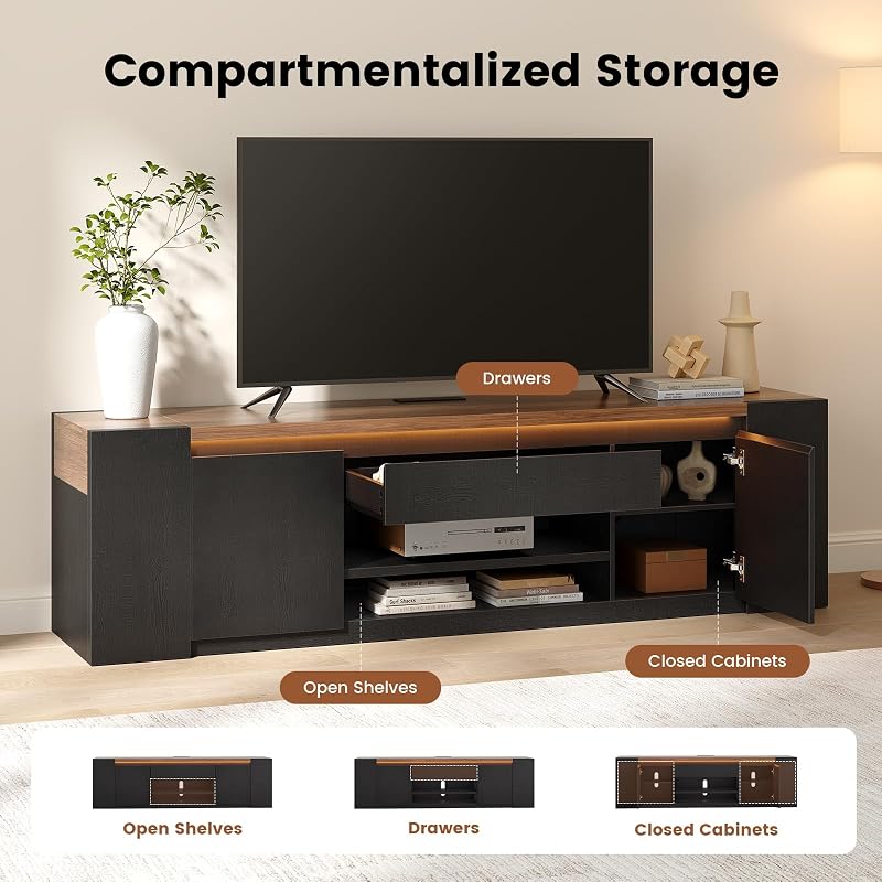 71'' Modern LED TV Stand with Storage and Charging Station (Black) | Multi-Tier Storage TV Stands for Living Room with 2 Closed Cabinets, 1 Drawer, Open Storage TV Stand Entertainment Center image 6