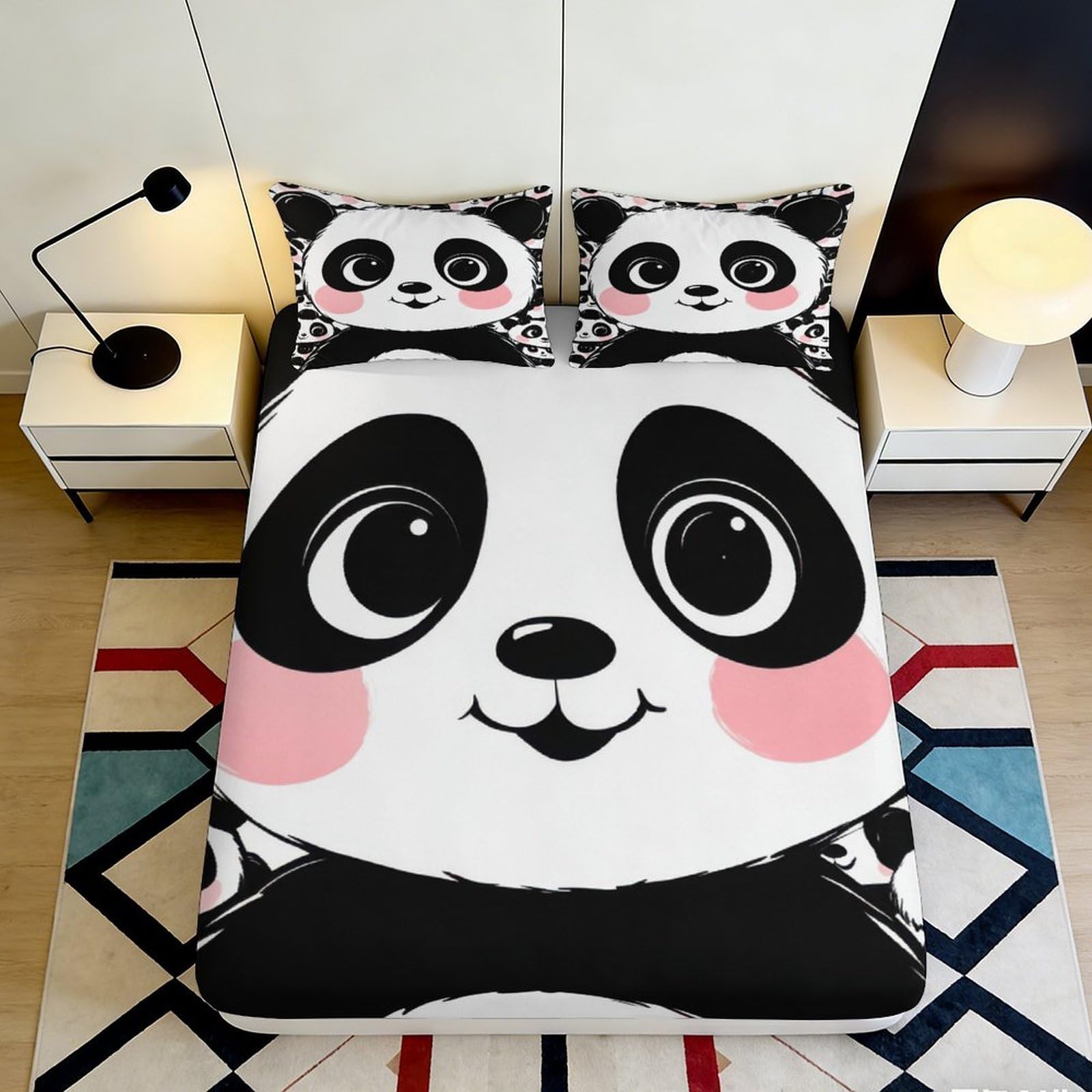 3D Printed Cute Panda Fitted Sheet Microfiber Soft Breathable Cartoon Animal Mattress Cover for Bedroom Guest Room Decor 140x200x25cm