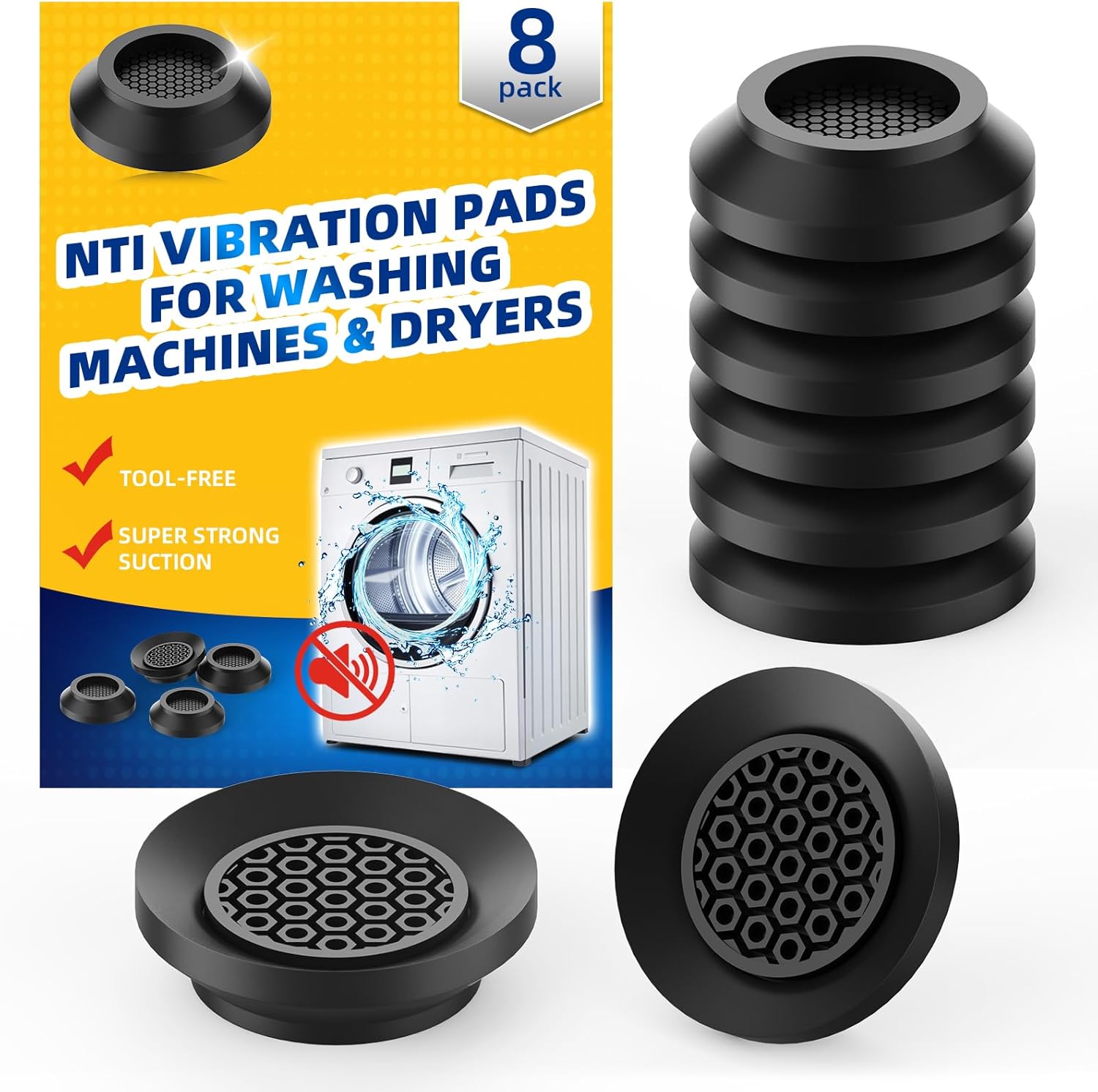 8 Pack Anti Vibration Pads for Washing Machine with Powerful Sucker, Universal Washer Dryer Support Foot Pads Stops Washer Dryer Moving, Walking, Prevents Noise, Silicone Antivibration Stabilizer Mat