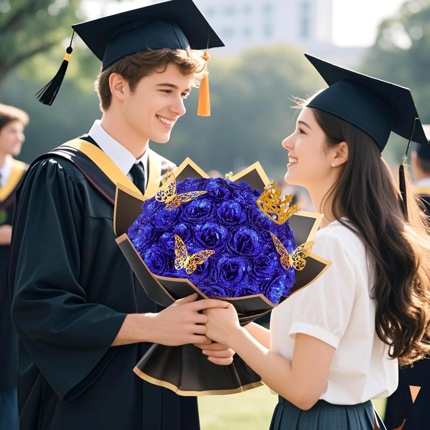 Waipfaru Blue Glitter Roses Bouquet, DIY Flowers Bouquet, Birthday Gifts for Women Mom Grandma Wife Girlfriend, 24 Pcs Fake Rose for Valentines, Mothers Day, Anniversary, Graduation Gifts - Image 7