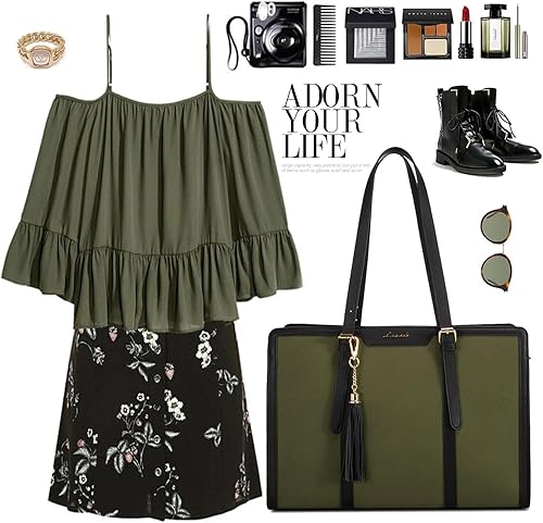 Miniatura 7 de LOVEVOOK Bolsa de mano para computadora portátil para mujer, 17 pulgadas, lona de cuero, bolsa de computadora con bolso de mano para negocios,