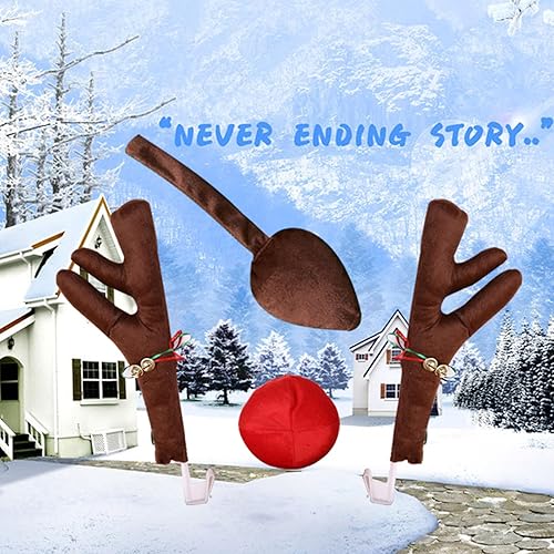 Miniatura 4 de 4 piezas de decoración de cuernos de Navidad para automóvil, cuernos de alce de Navidad con campanas y cintas, rejilla de techo, nariz, cola de