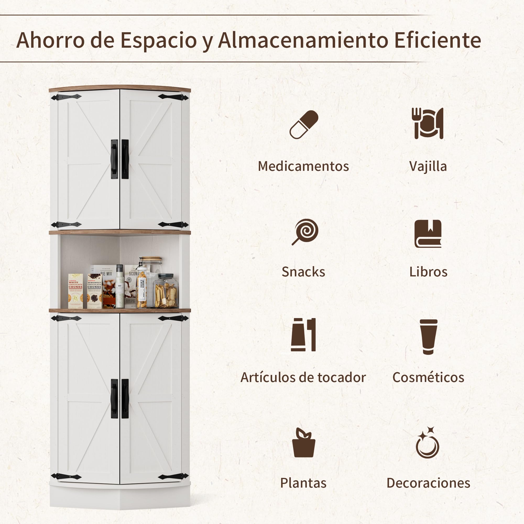 BonVache Armario Esquinero, con Puertas y Estante Ajustable, para Baño, Cocina, Salón, Diseño Rústico Moderno, Blanco