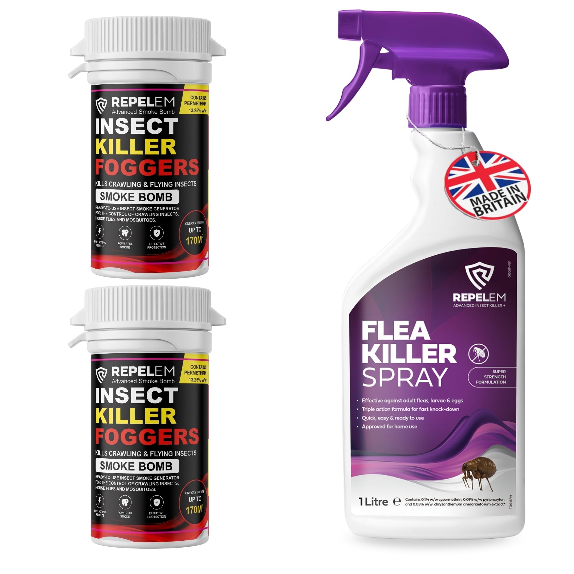REPELEM Flea Spray for The Home - Professional Strength, Household Treatment, Killer for Home, Kills Fleas, Larvae & Eggs 1L Flea Spray with 2 Smoke Bombs
