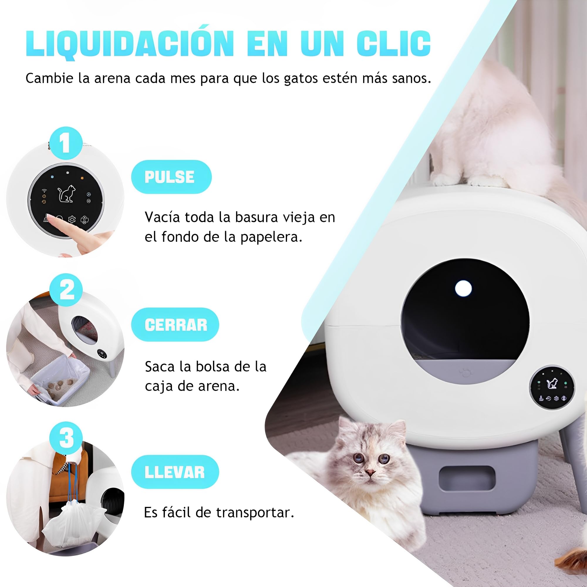 Caja de Arena para Gatos Autolimpiable, 89L Arenero Gato Grande XXL con Detector de Infrarrojos y Sensores de Peso, Control de Aplicaciones Diseño de Ahorro de Espacio Arenero Cerrado para Gatos (C)