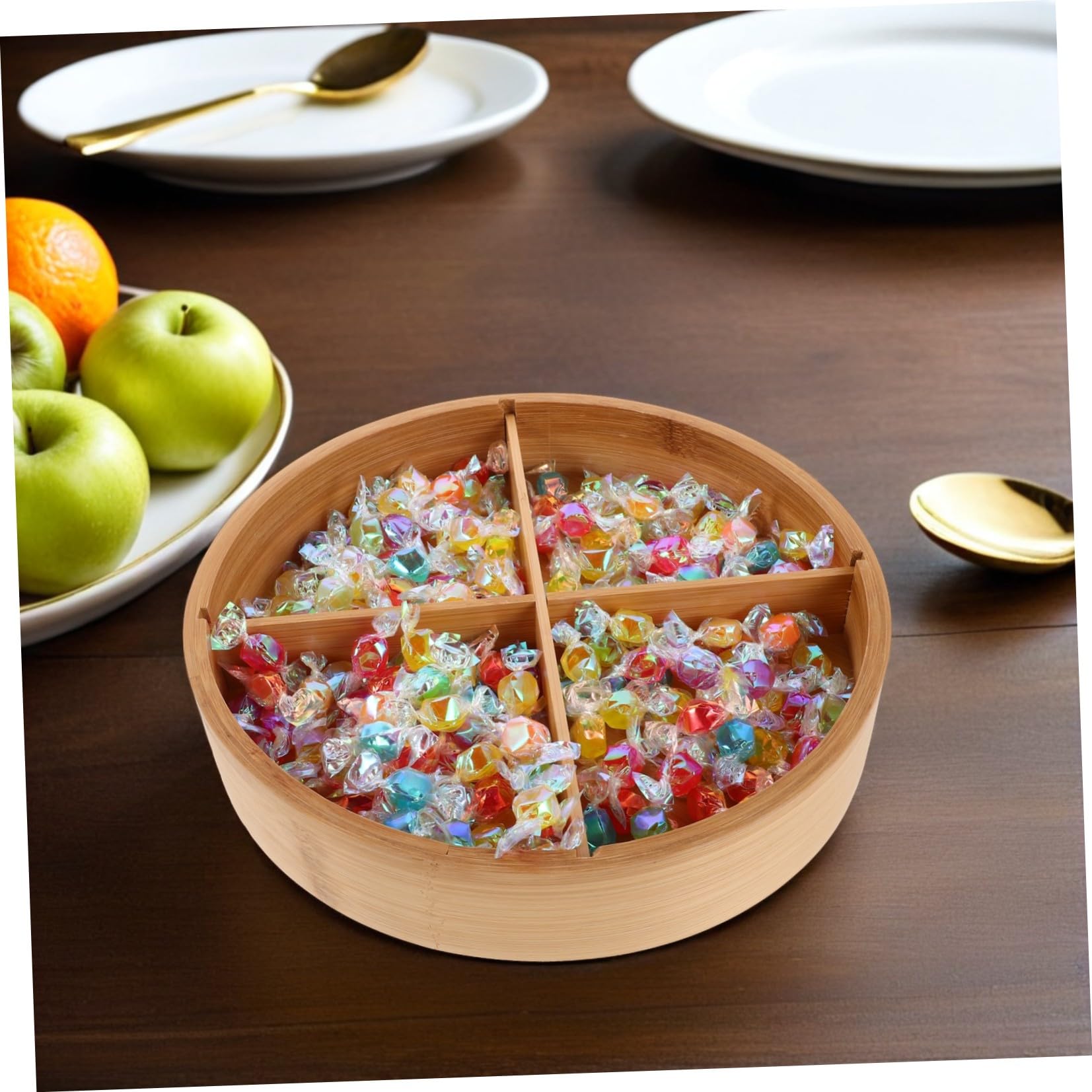 Vassoio Porta Snack in bambù con 4 Scomparti e Coperchio, Elegante Contenitore per Noci e Dolcetti, per Riunioni di Famiglia e Organizzazione Facile