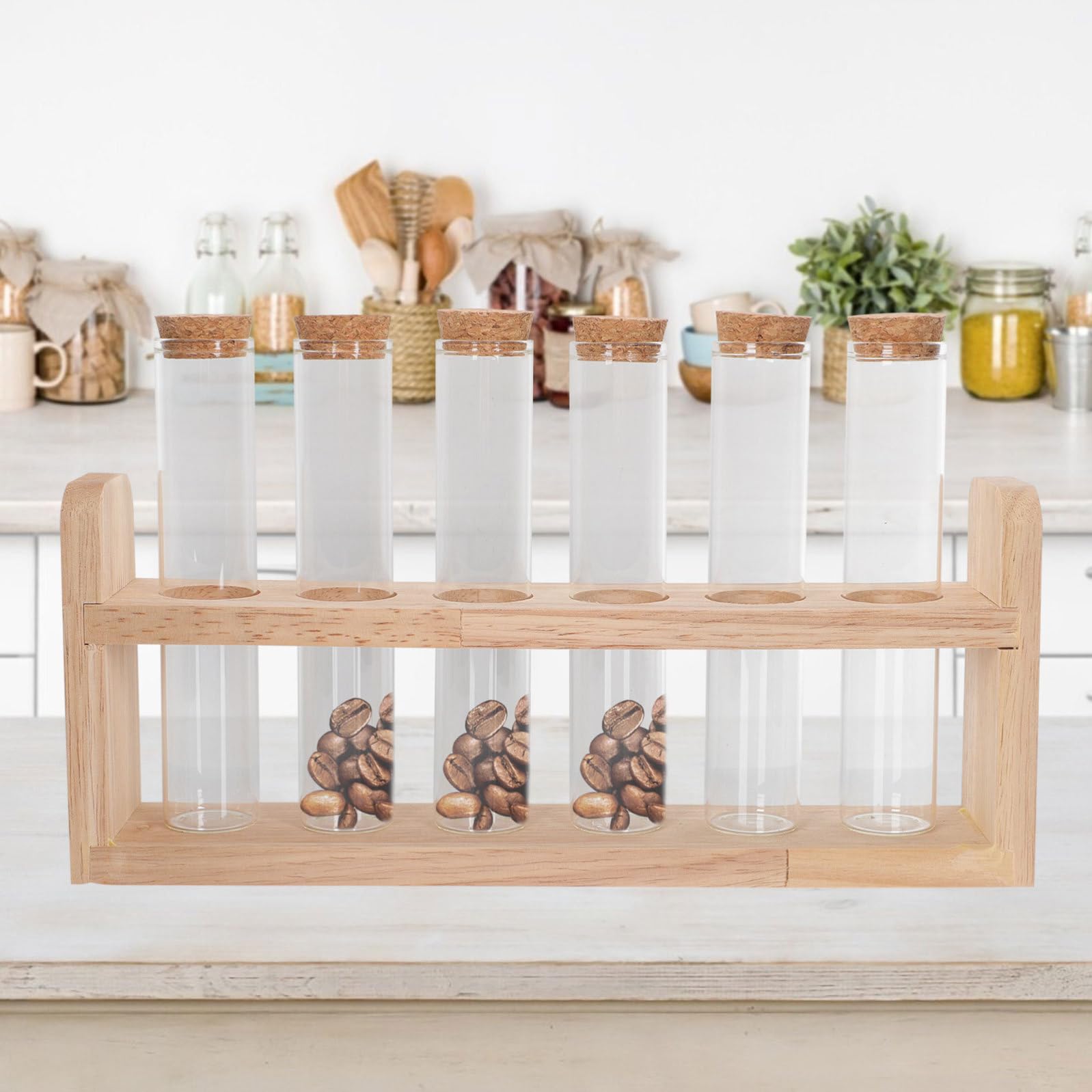UKCOCO Porta Provette in Legno e Vetro per Cucina e Bar, Supporto Multifunzione per Conservare Ingredienti e Esporre Bicchierini Design Semplice e Chic