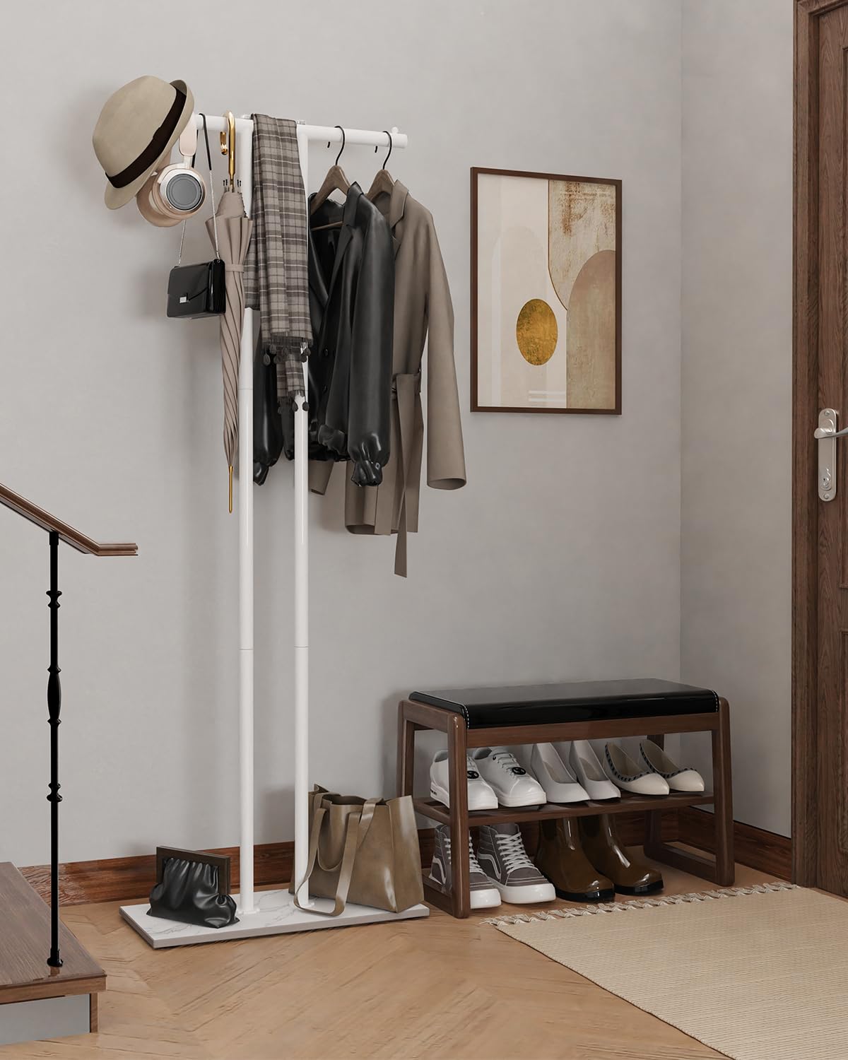 OUTBROS Metal Perchero, 60x25x175cm Perchero de pasillo, Blanco | Standing colgador ropa, Percha independiente con base de losa roca para Guardar Ropa, Bolsos y Sombreros