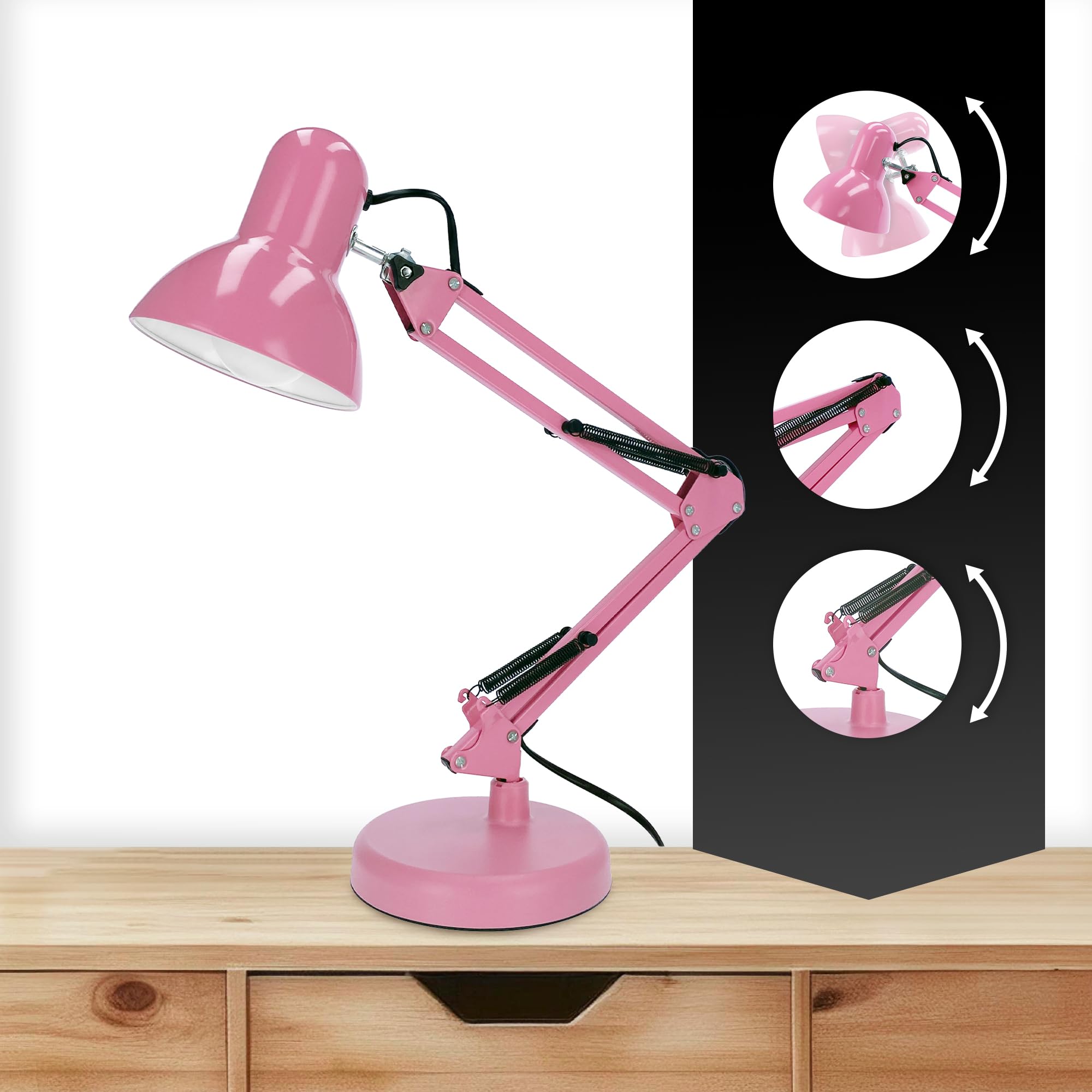 EDO Retrò Lampada da Tavolo con Pinza, Lampada da Scrivania Vintage a E27 Rosa PIXI, Illuminazione da Comodino Luce Orientabile con Braccio Oscillante di 50 cm, per Unghie, Casa o Ufficio, Lettura