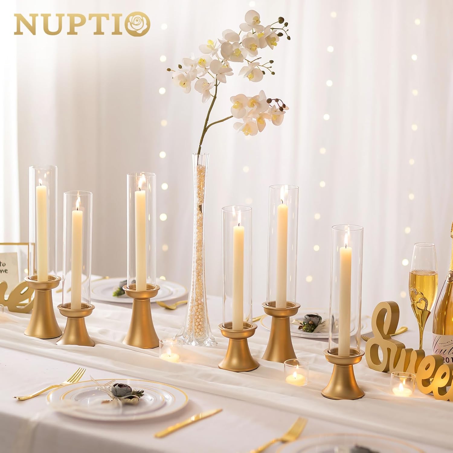NUPTIO Taper Candle Holders Gold: Set of 2 Candlestick Holder with Hurricane Glass Cover - Tall Metal Candles Stick Stand for Fall Thanksgiving Christmas Seasonal Fireplace Decor - Image 3
