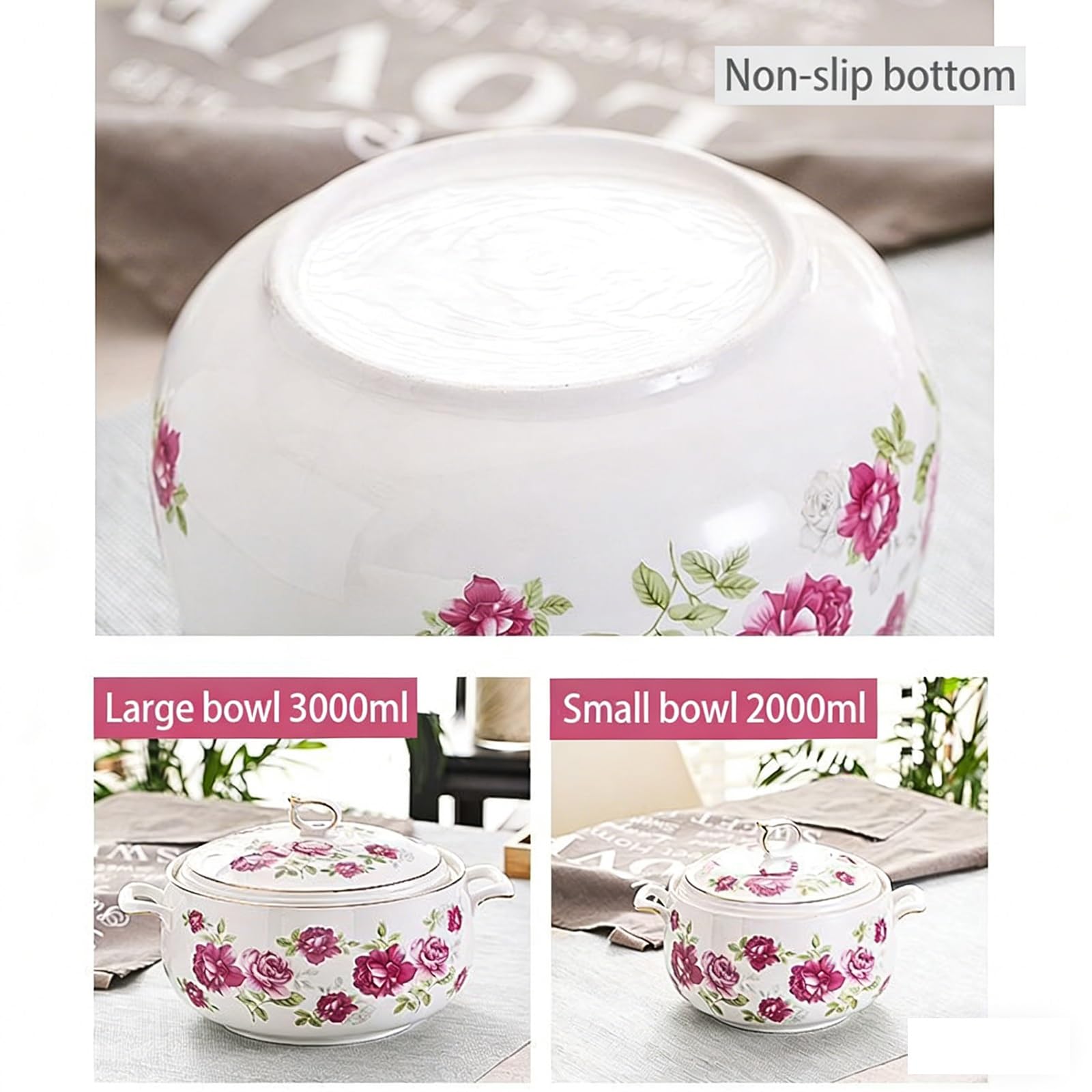 Keramik-Suppenterrine mit Glasdeckel, Porzellan-Serviersuppenschüssel mit großem Fassungsvermögen, weißer runder Instant-Nudeltopf for die Dekoration zu Hause in der Küche(Pink,3L)