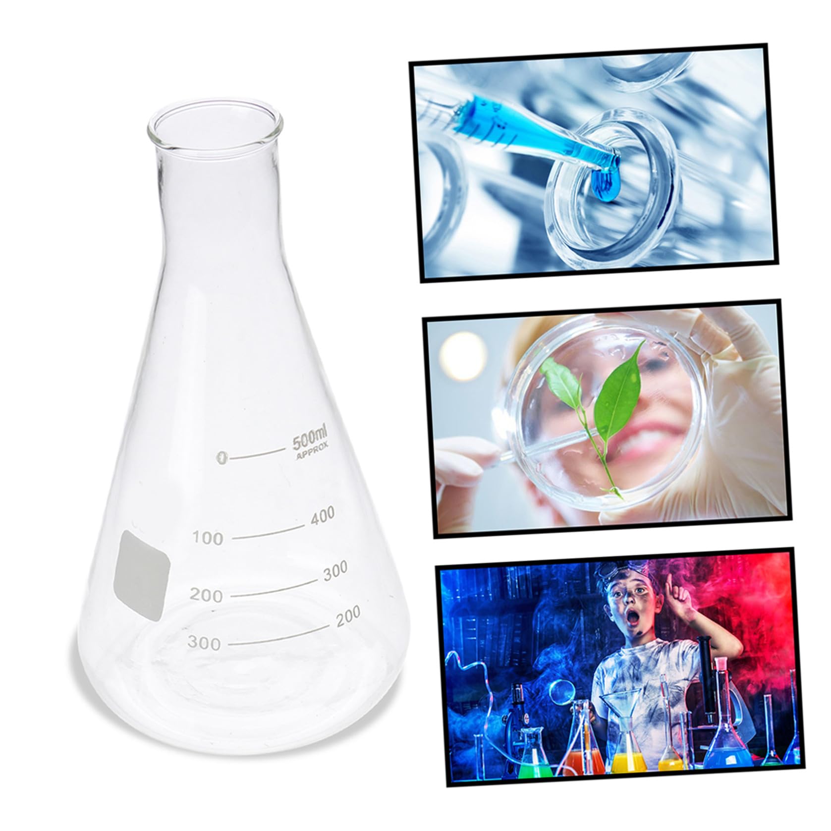 NOLITOY Matraces Erlenmeyer Forma Cónica de Vidrio Borosilicato Conjunto de 4 Prácticos Rebabas Fondo Plano y Capacidad Estándar para Experimentos Escolares