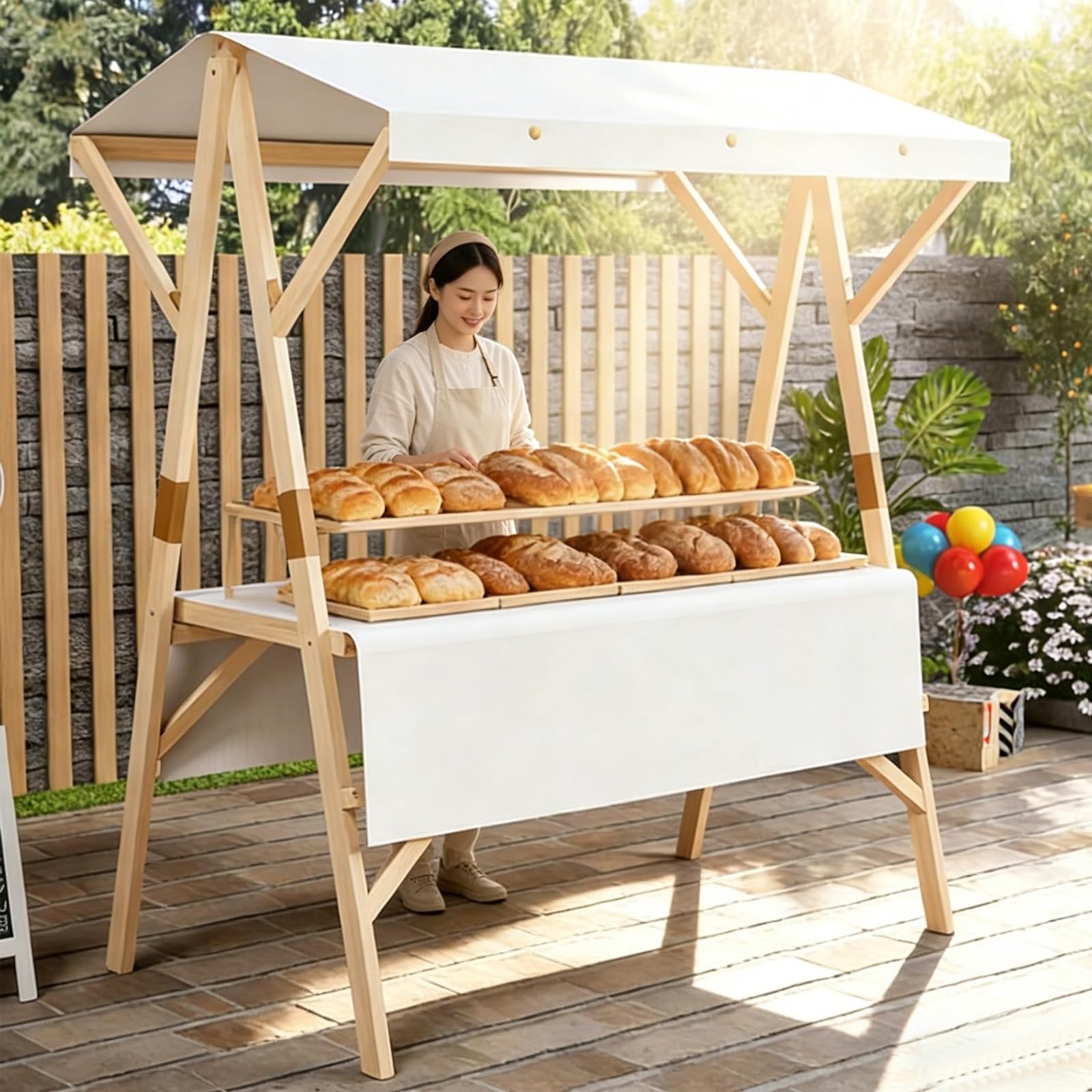 Carretto Ambulante in Legno Pieghevole con Tetto, Carretto per Venditori Ambulanti con Ruote per Festival e Spiagge, Eventi All'aperto, Street Food, Mercati, Portata 550 Libbre(White,150cm/59in)