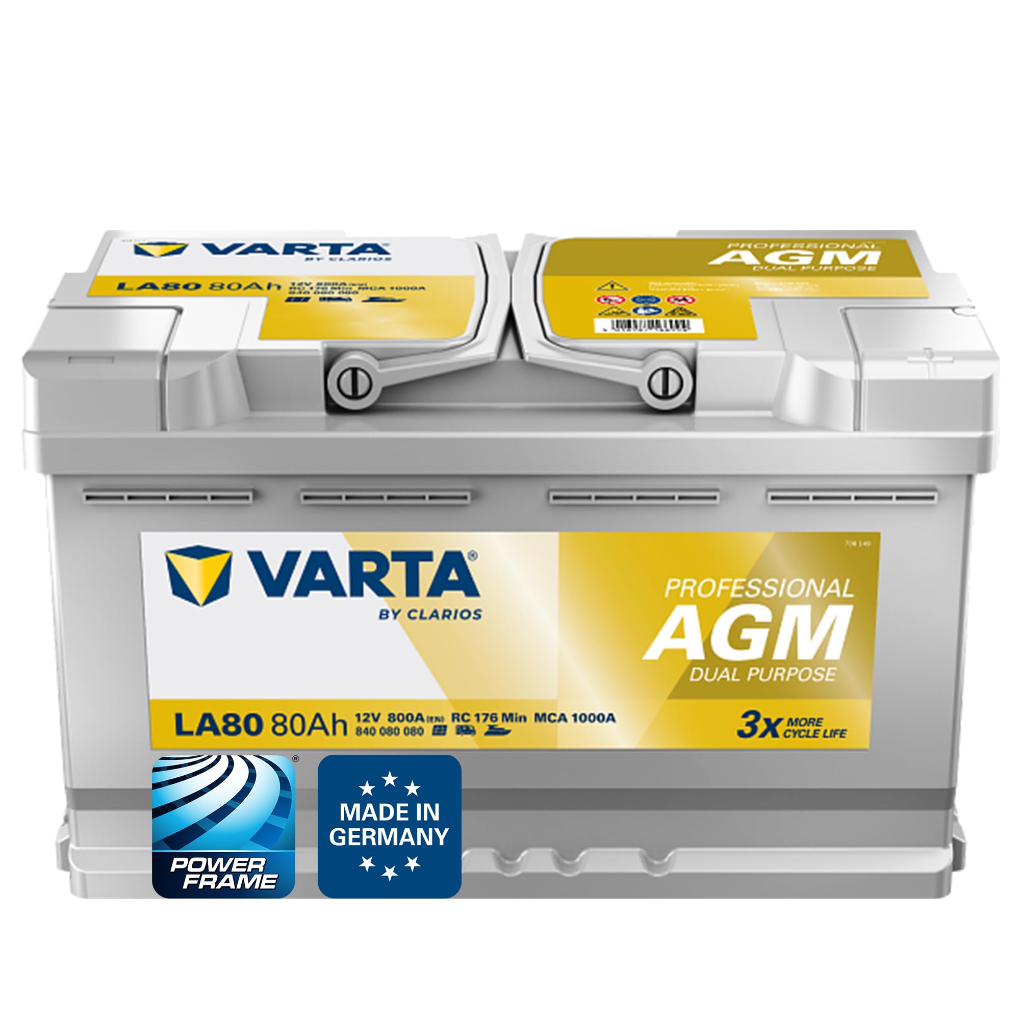 VARTA Professional Dual Purpose AGM (LA80) 12V 80Ah 800A - Nassbatterie für Wohnmobile, Wohnwagen & Boote - Resistente Starter- & Versorgerbatterie hoher Energiebedarf - Bleisäurebatterie wartungsfrei