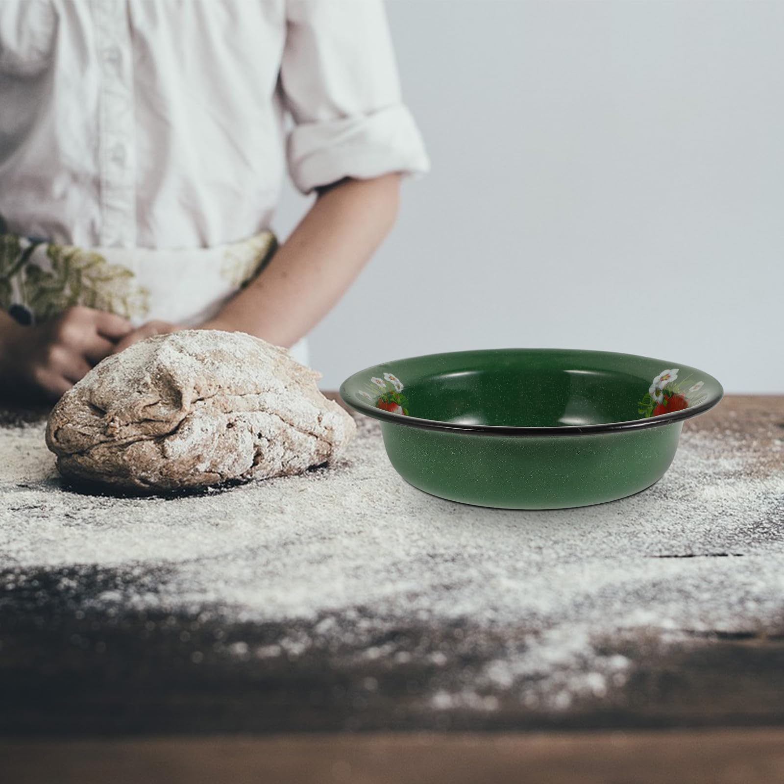 Cuenco Esmaltado de 22 Cm, Lavabo Multiusos para Lavar y Mezclar, Cuenco de Esmalte Verde con Motivos Punteados para Sopa, Fruta y Masa, Vajilla Rústica Adecuada para Cocina