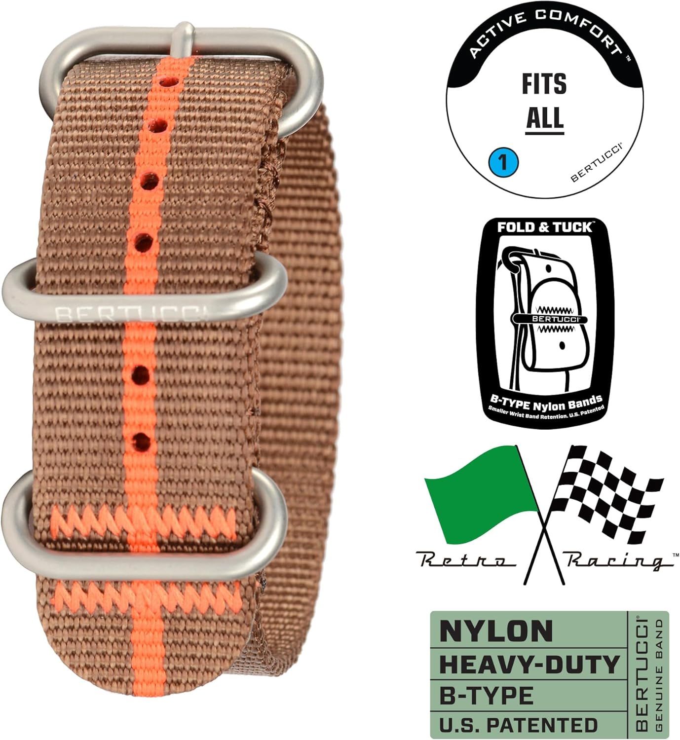 BERTUCCI® Nylon Watch Band - 22mm - Retro Racing Imola Bronze w/Orange Pro-Stripe™