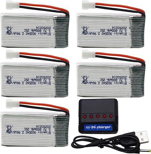 Miniatura 4 de Blomiky Paquete de 5 baterías Li-PO 25C MX2.0 de 3.7 V 800 mAh y cargador 4 en 1 para Syma X5SW X5C-1 X5 X5C X5SC H42 T5W H5C CW4 SS40 FQ36 y V931