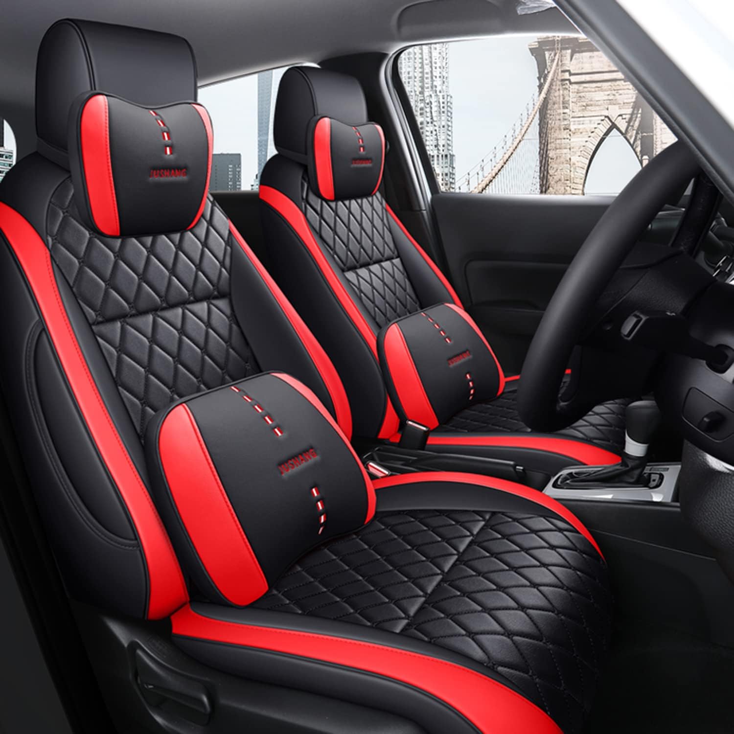 偉大な 車のシートカバーセット シンプルな絶妙なすべての包括的快適な4シーズンユニバーサルチェックレザーカーシートカバー腰椎パッドピロー付きのレザーカー シートカバー 赤 シートカバー サイズ 21 Mail Environmentallogistics Org
