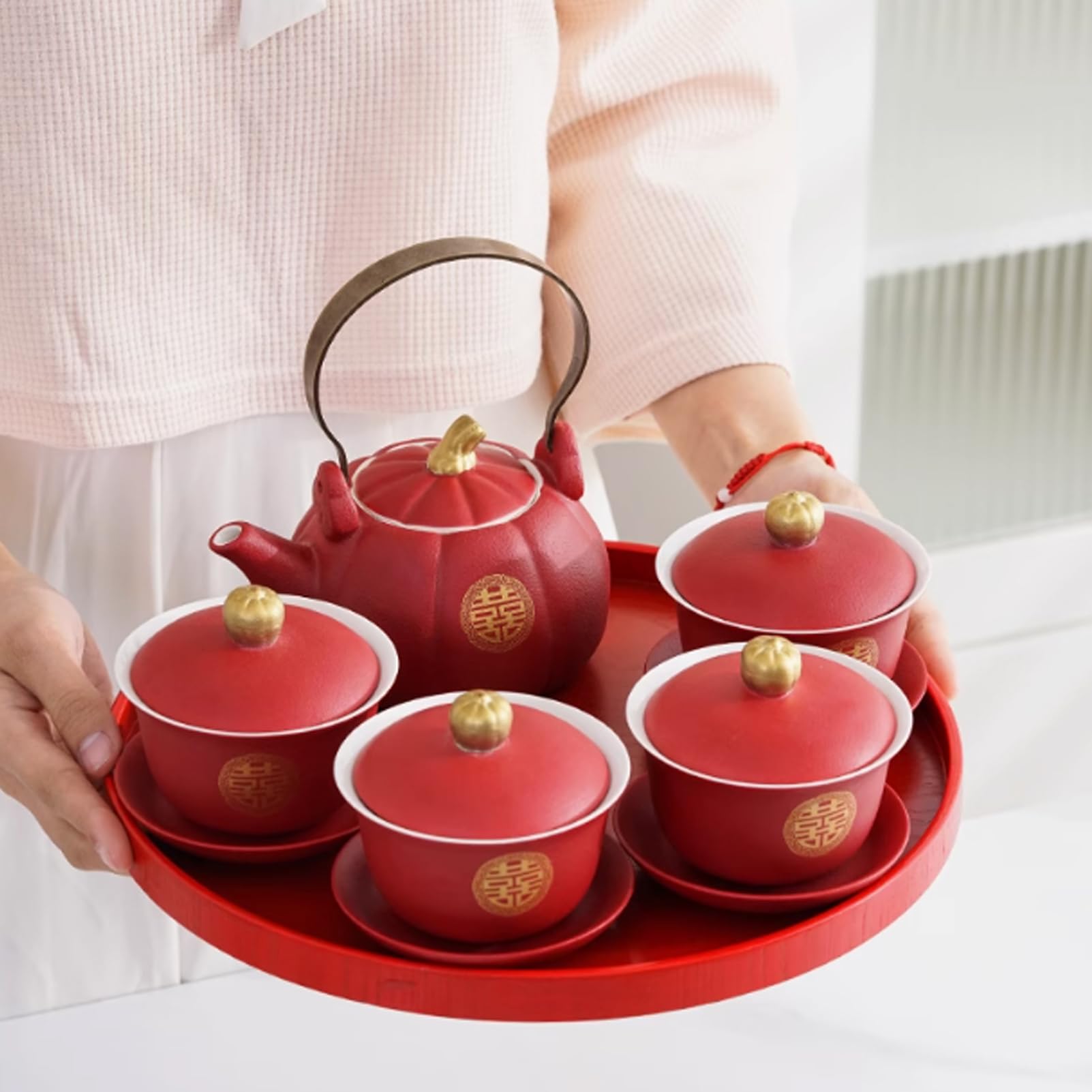 Prezent ślubny zestaw do herbaty, ręcznie wykonany porcelanowy zestaw do herbaty z 4 filiżankami, 1 pojemnikiem, 1 tacą, pudełko prezentowe dla nowożeńców i dorosłych - tradycyjny chiński styl
