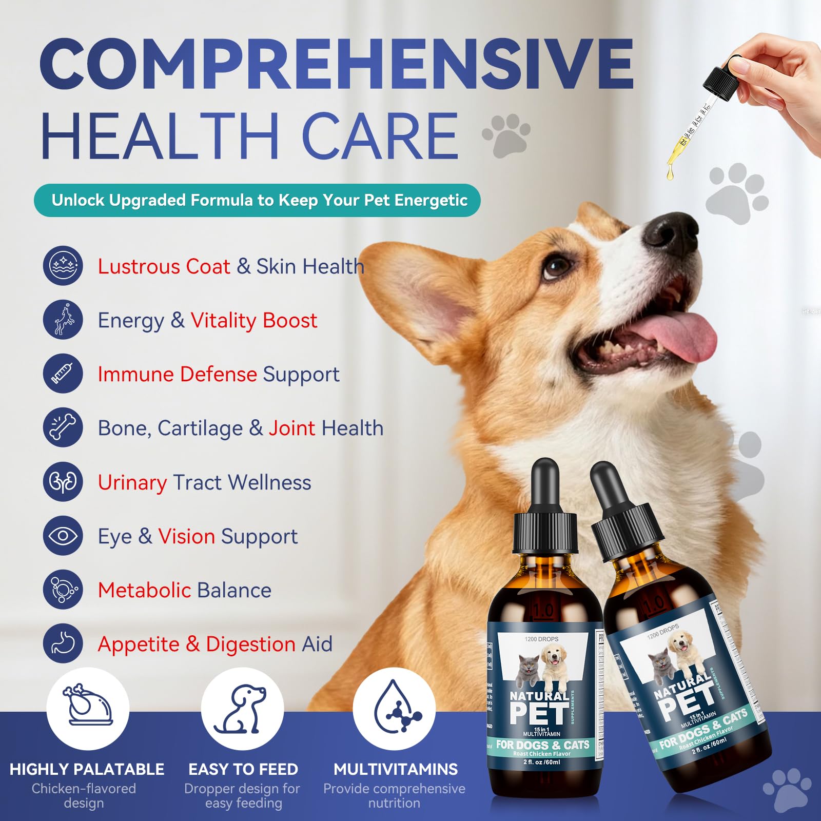 Dogs Vitamins, 15 in 1 Cat Vitamins with Glucosamine Cranberry, Pet Vitamin and Supplements Helps for Joints, Coat Shining, Immune System, Dog Liquid Multivitamin Promotes Appetite(60ml) — Amazon image 3