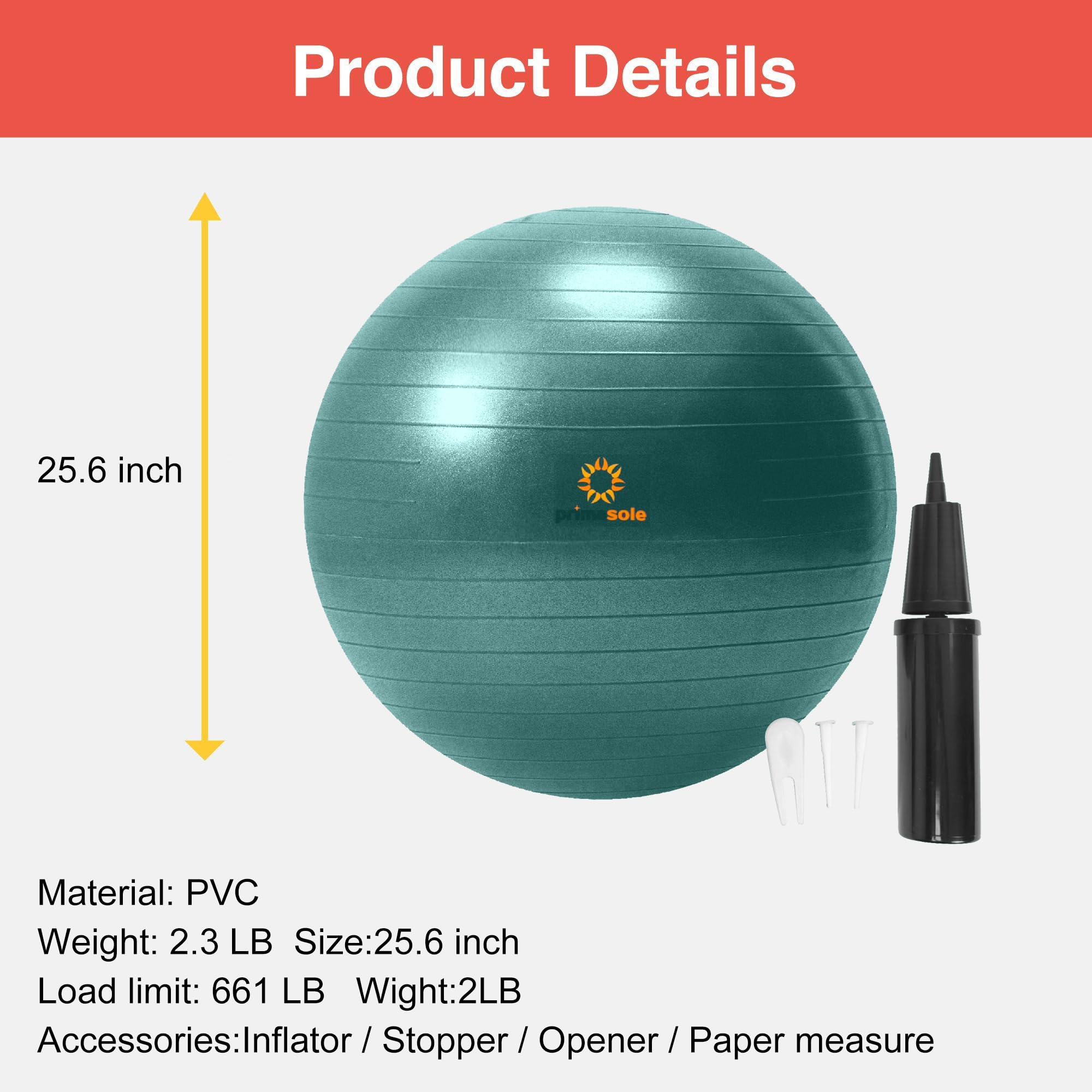 Primasole Palla di stabilità in PVC, 65 cm, verde scuro, anti-scoppio e stabile, palla da yoga per gravidanza, grande palla da ginnastica per pilates, alternativa alla sedia da ufficio e supporto alla