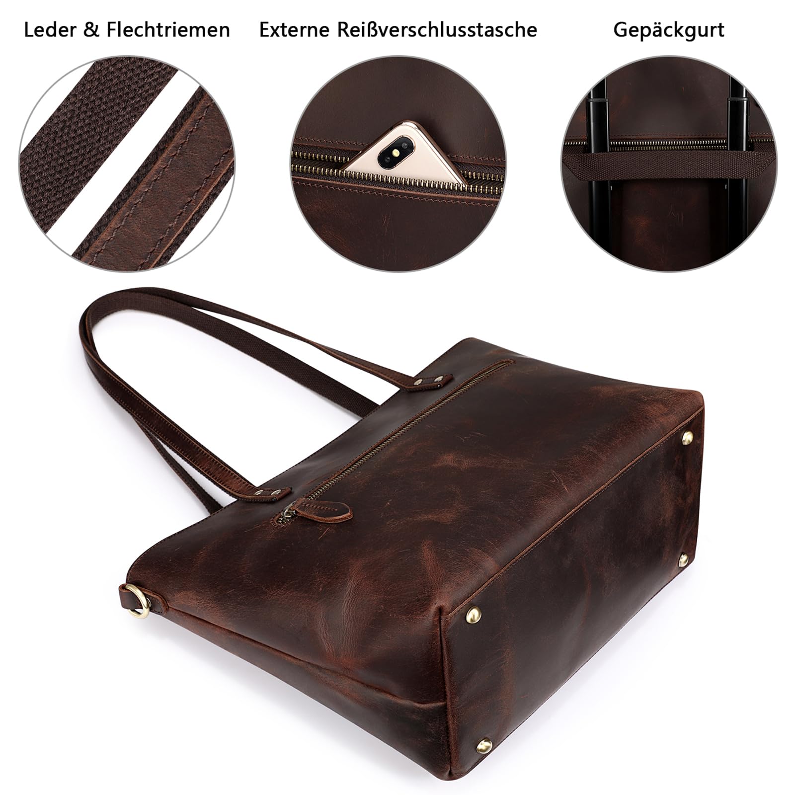 S-ZONE Damen Schultertasche Vintage Echtes Leder Groß Shopper Handtasche Henkeltasche Laptoptasche Arbeit Schule Einkaufen Reise