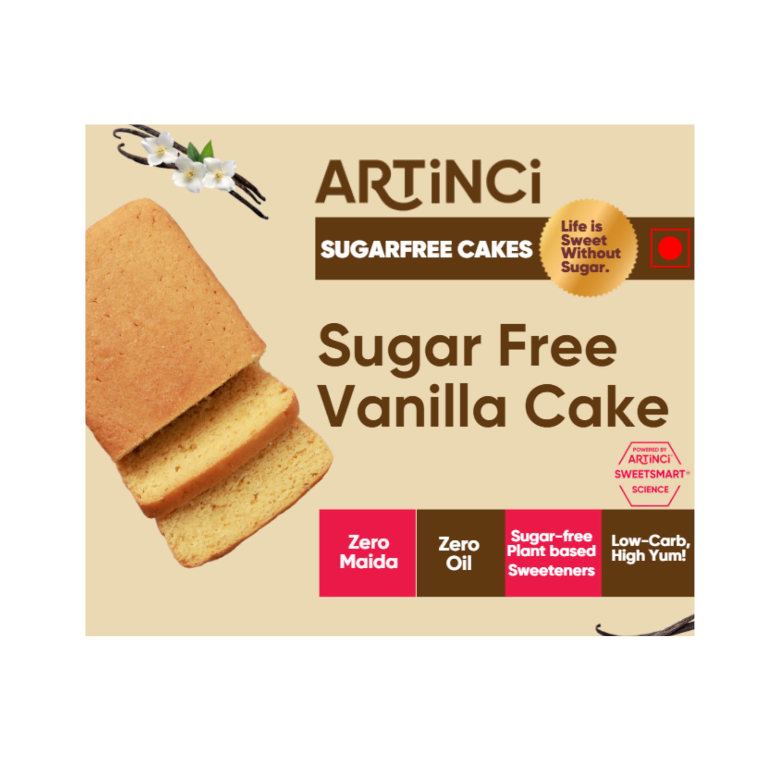 Artinci Sugar Free Cake – Vanilla Flavour, Millet Cake, No Maida, No Palm Oil, Stevia Sweetened, Low Carb, Low GI, 150g, Diabetic Friendly, Healthy Dessert, Vegetarian Snack