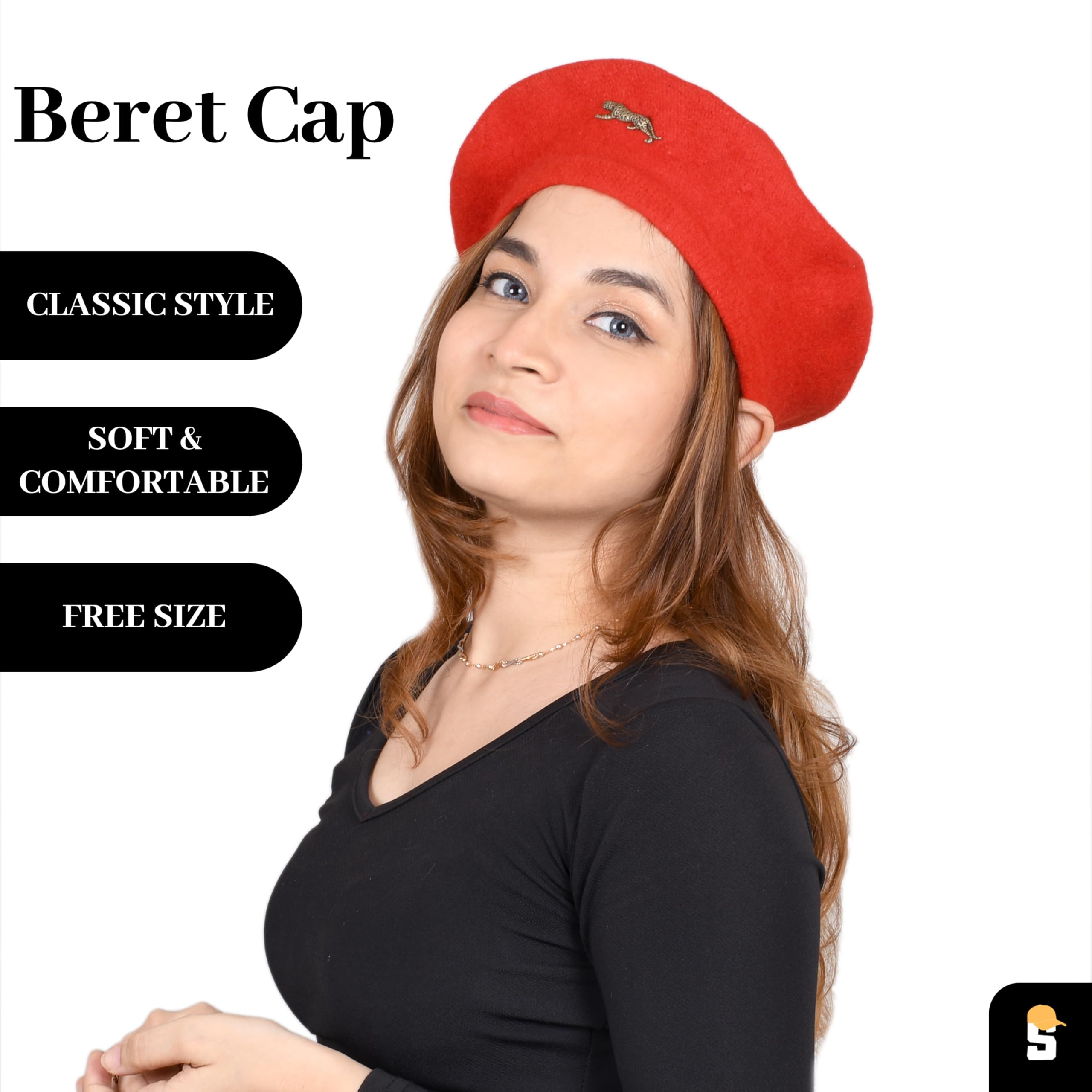 SOUL eTHICS Women's Premium Wool Blend French Artist Beret Cap - Stylish, Warm & Classic - Elegant Winter Beanie Hat for Girls & Ladies -Free Size (in, Alpha, Free Size, Red, Leopard) - Image 2 thumbnail