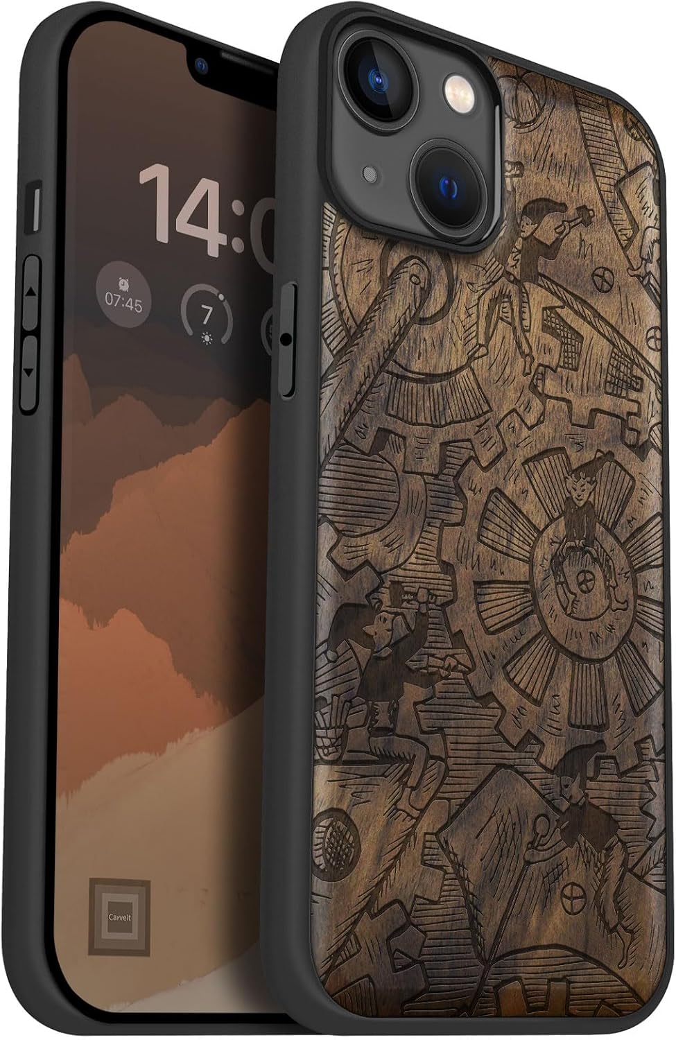 Carveit Magnetic Wood Case for iPhone 14 Plus - Natural Wood & Black Soft TPU - Shockproof Protective Cover - Unique & Classy Wooden Case - Compatible with MagSafe (Clockwork Mischief -Walnut)