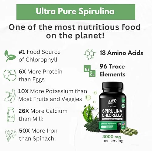 Miniatura 3 de Cápsulas de Polvo de Clorella y Espirulina 3000 mg de Algas Azules Verdes Puras Libres de BMAA - Mejores Vitaminas Naturales Detox Crudas Veganas