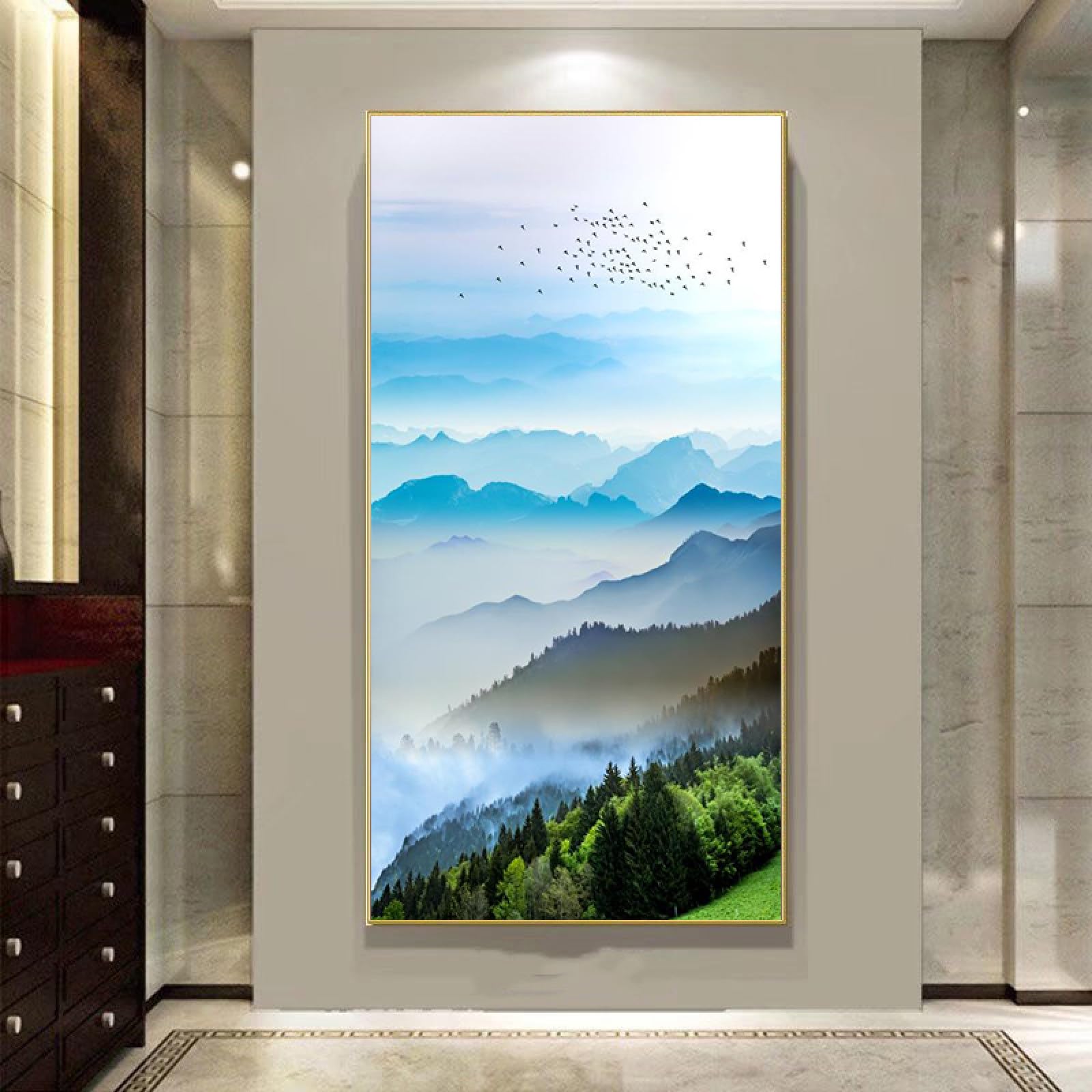 Oeuvre moderne grand format pour escalier : peinture sur toile d'oiseaux au sommet de la montagne