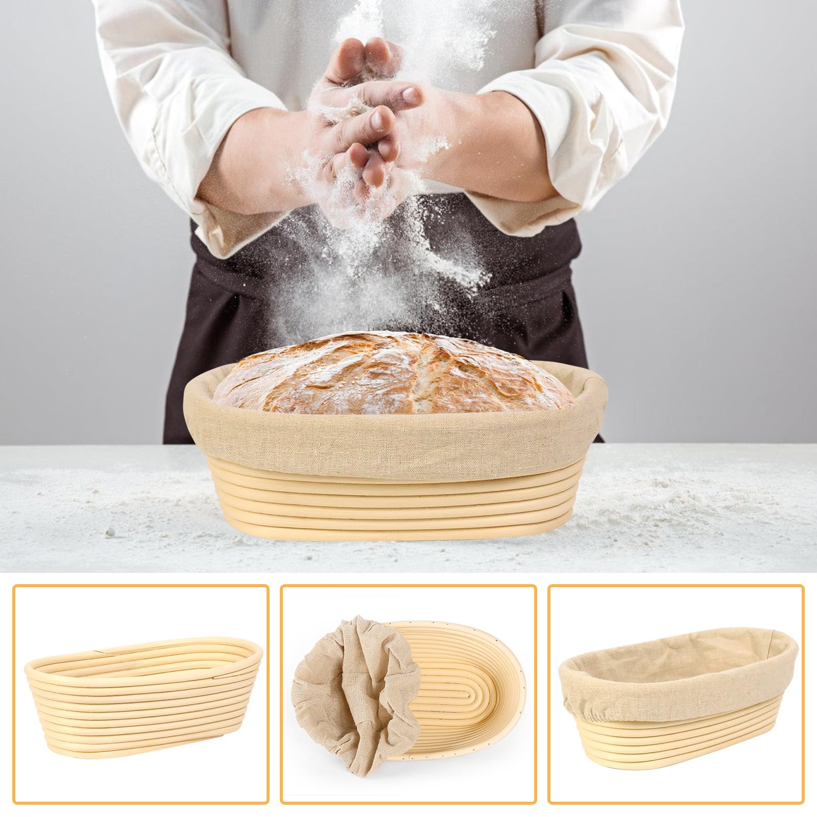 Set 2 Bannetons Pain Rotin + Couteau Boulanger - Paniers Levage Naturel 25 & 23 Cm, Accessoires Pétrissage & Cuisson