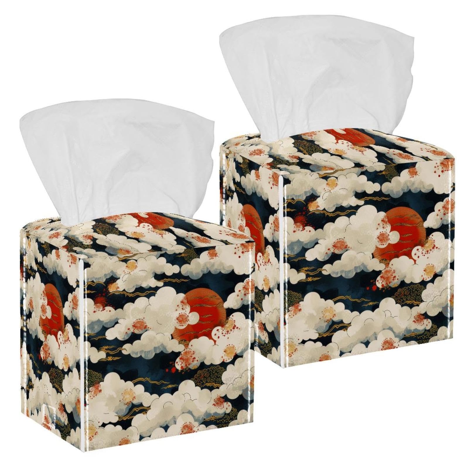 Clouds Aesthetic Tissue Box Cover, 2 Pack PU Leather Square Facial Tissue Dispenser Box holder for Home Office Car