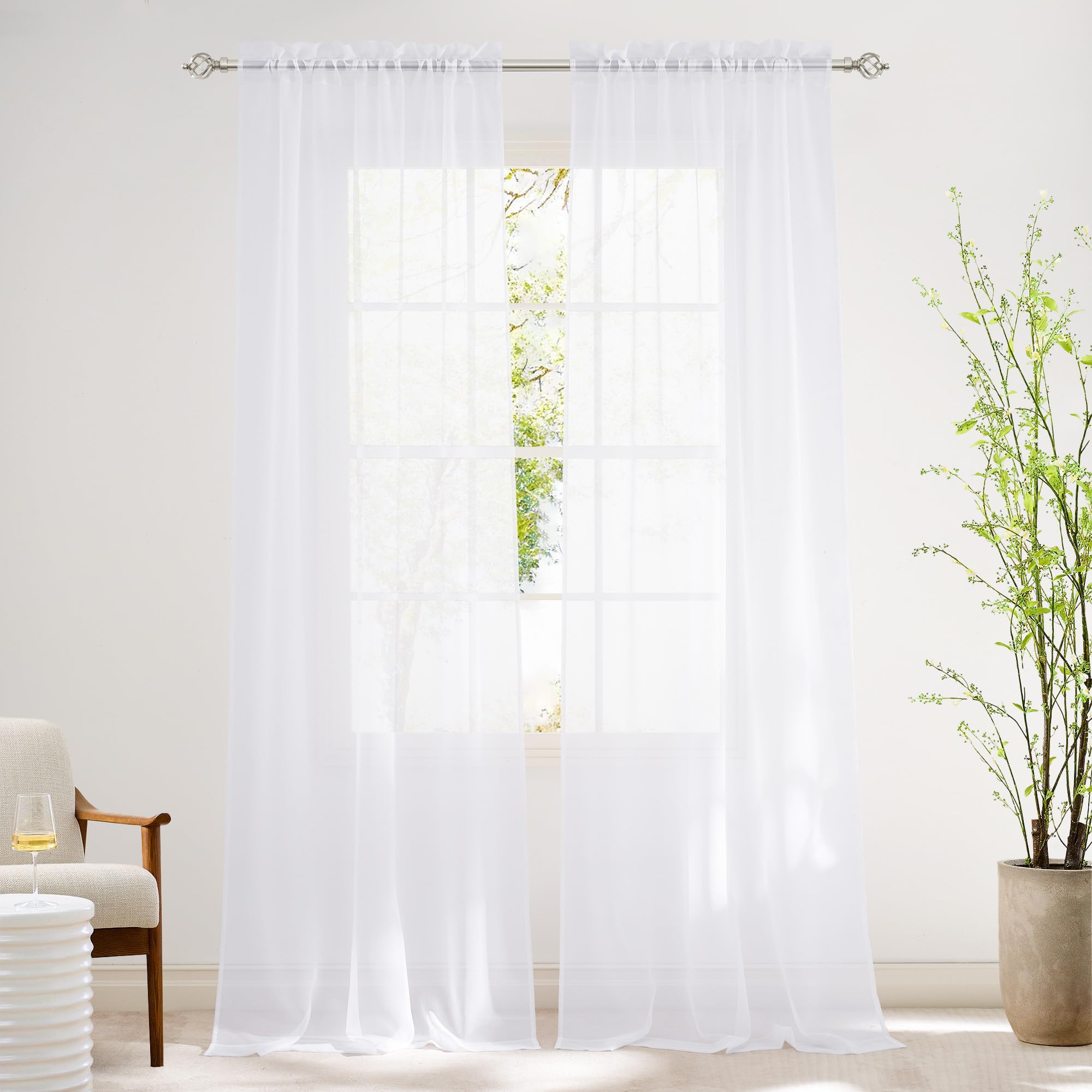 NICETOWN White Sheer 90 Inch Curtains for Living Room, W42xL90, 2 Panels
