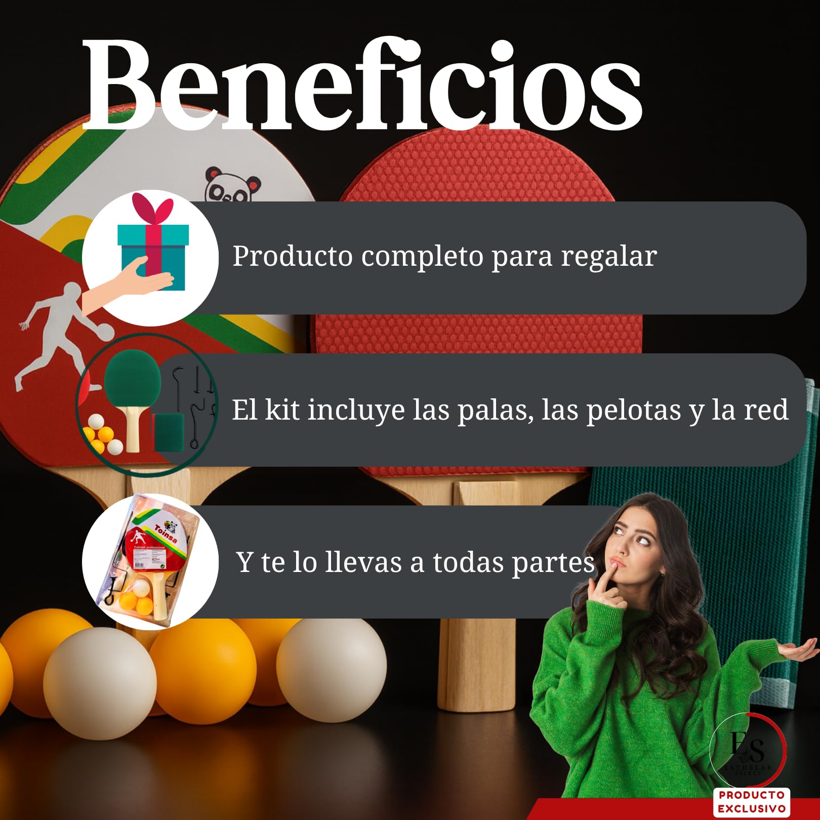 Set de Ping Pong Portátil – 2 Palas + 3 Pelotas + Red con Soportes – Juego de Mesa para Exterior e Interior – Ideal para Camping, Jardín, Vacaciones y Escapadas