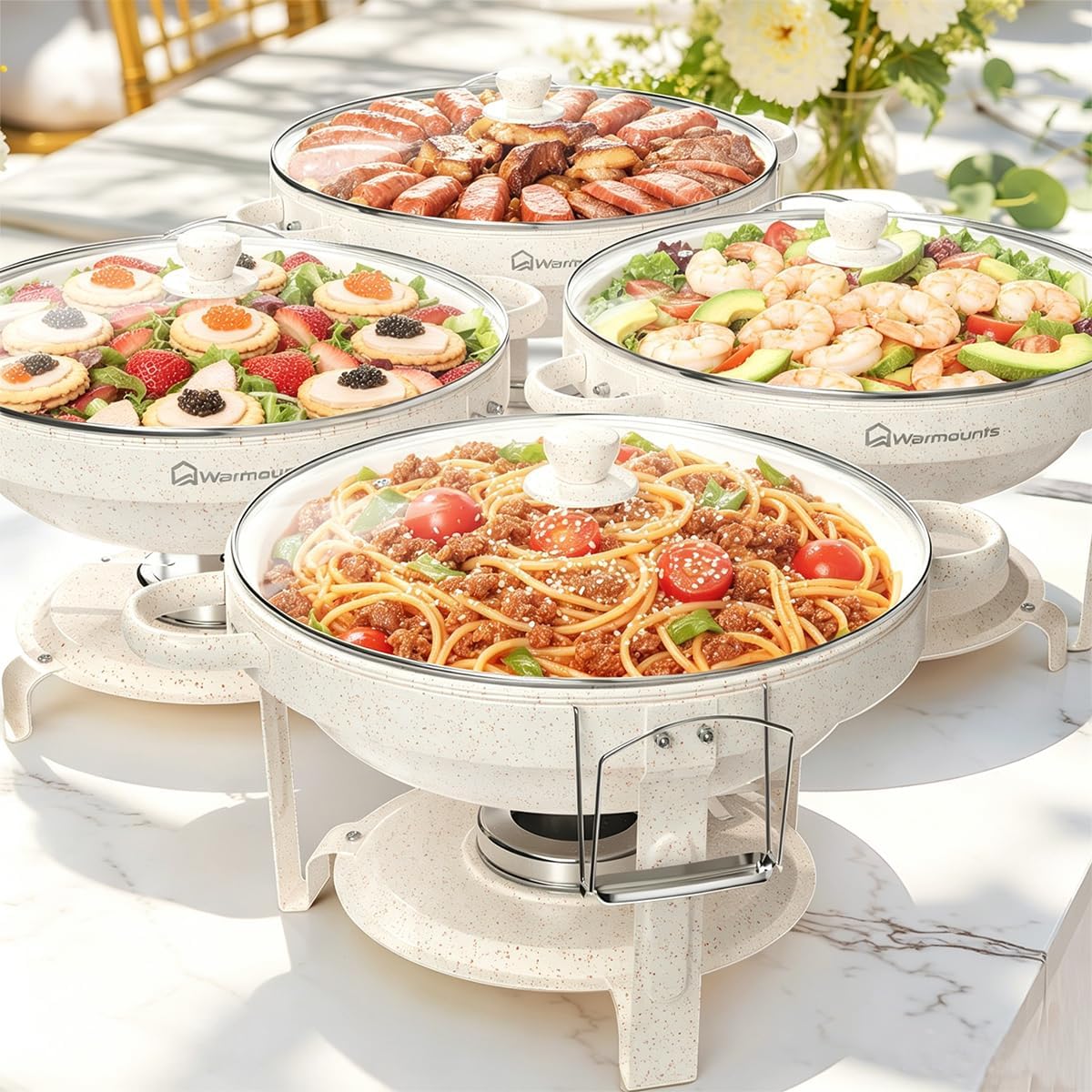 WARMOUNTS 5QT Chafing Dishes for Buffet Set, White Maifan Coated Stainless Steel Food Warmers for Parties Catering, Stackable Buffet Servers with Glass Lid & Holder 4 Pack
