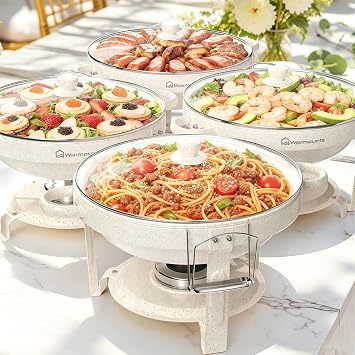WARMOUNTS 5QT Chafing Dishes for Buffet Set, White Maifan Coated Stainless Steel Food Warmers for Parties Catering, Stackable Buffet Servers with Glass Lid & Holder 4 Pack