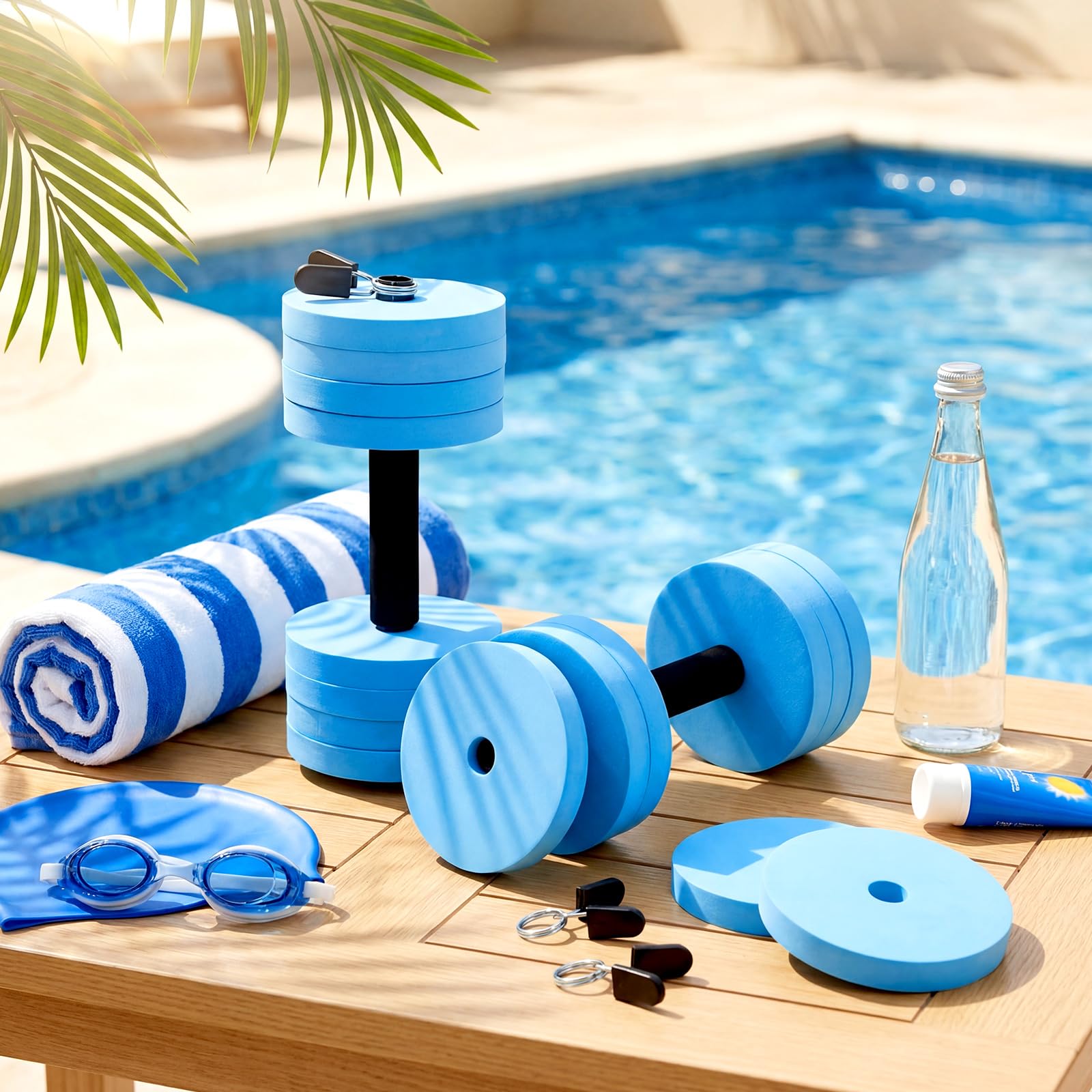 Thenshop Lot d'haltères en mousse pour exercices aquatiques, 1 paire d'haltères bleus pour piscine avec 8 disques en mousse EVA et 4 clips de verrouillage, barres de fitness réglables pour piscine et