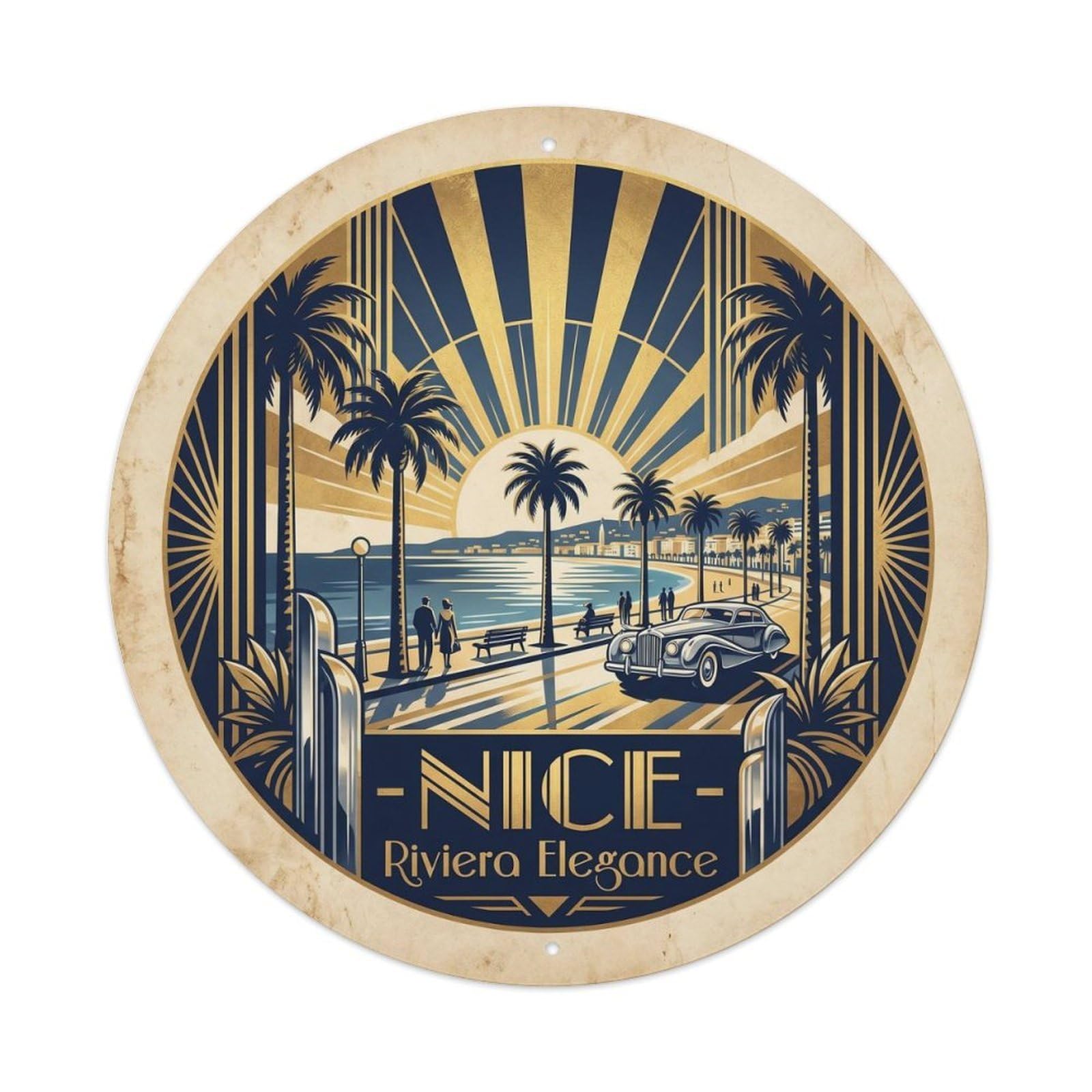 Nice Riviera France Retro Travel Coastal Elegance Heritage Metal Tin Sign Plaque Wall Decor for Cafe, Man Cave, Club Bar, Office, Home Garden Round Metal Poster 8x8Inch