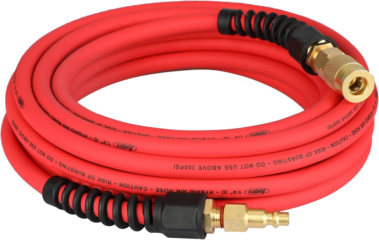 Keepro Hybrid Air Hose, Flexible 1/4 Inch ID By 100 Feet Long Air Compressor Hose with Repairable Solid Brass 1/4" Industrial Quick Coupler and Plug, 300 PSI Maximum Pressure, Red