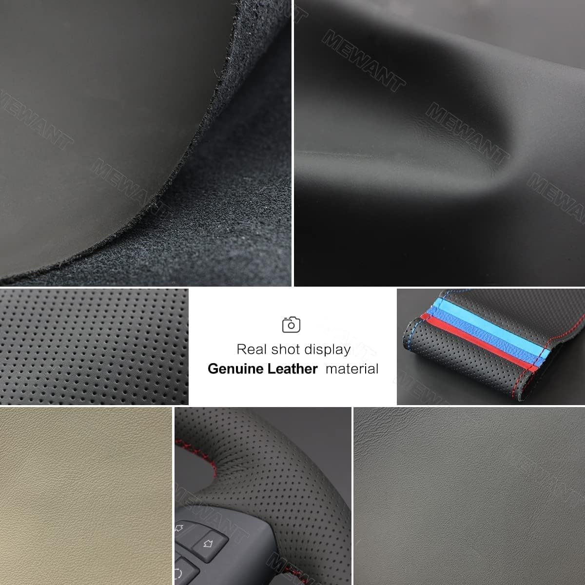 MEWANT DIY Customized Hand Stitch Black Real Leather Black Suede Car Steering Wheel Cover for BMW E81 E82 E87 E88 2008-2013/ E90 E91 E92 E93 2006-2011 (Custom Design Genuine Leather or Suede)