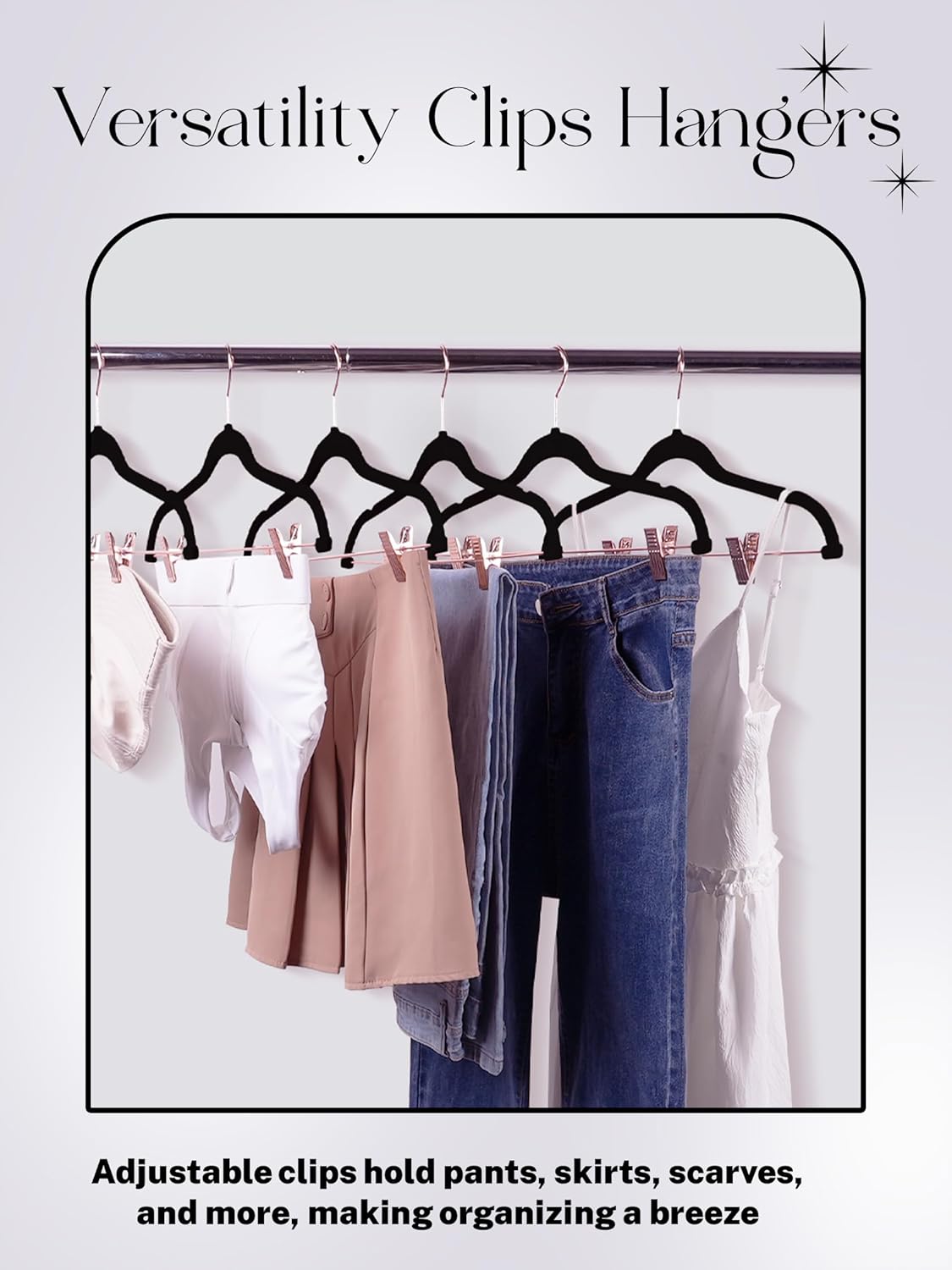 HOUSE DAY Velvet Pants Hangers with Clips 24 Pack, Ultra Thin Non Slip Velvet Skirt Hangers with Rose Gold Hooks Space Saving Clothes Hanger for Trouser, Skirts, Jeans, Dress, Coats (Black)