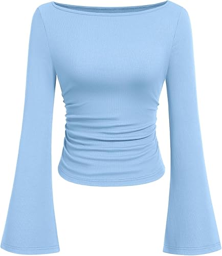 PRETTYGARDEN Womens Long Sleeve Shirts 2026 Spring Crop Going Out Tops Casual Boat Neck Bell Sleeve Ribbed Ruched Y2K Clothes