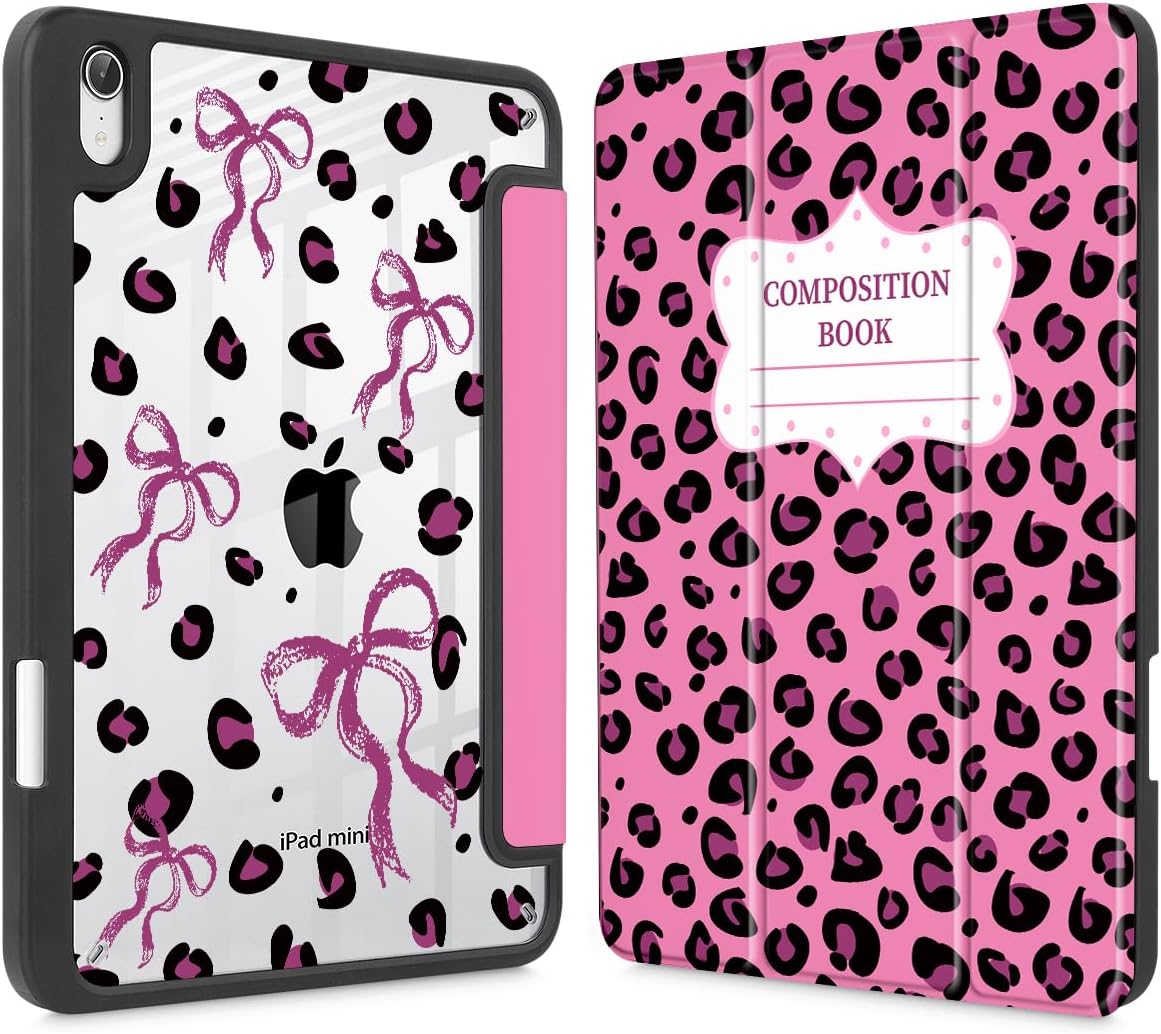 Mektron Printed Case for iPad mini 7 (A17 Pro) 2024/ Mini 6 2021, iPad mini 7th/6th Generation 8.3-inch Liquid Retina Display Cover, Buit in Pencil Holder with Clear Back Shell, Composition Book-Bows