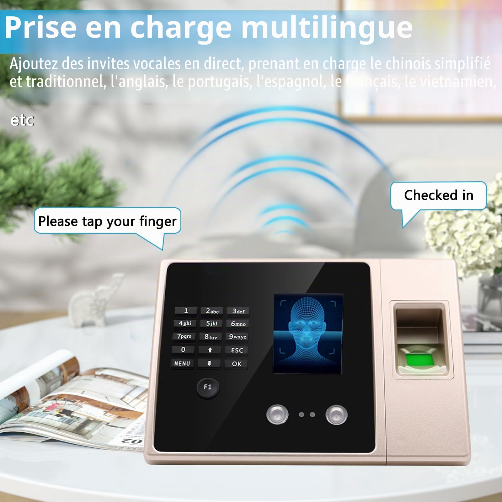 Pointeuse Horaire Personnel 4-en-1, Badgeuse avec Reconnaissance Faciale, Empreinte Digitale, Mot de Passe et Carte, Machine de Pointage Sans Réseau pour Entreprises avec Clé USB