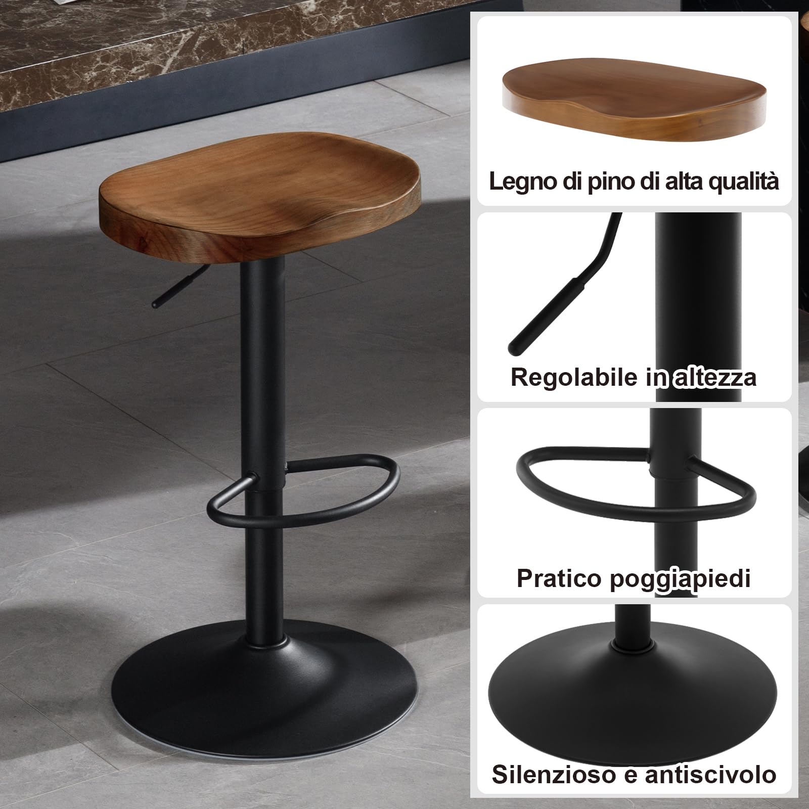 WOLTU Sgabello Cucina, Regolabile, Legno Massiccio, Marrone | Sgabello Bar a Sella, Altezza Regolabile 60-81cm, Girevoli a 360°, con Poggiapiedi, per Colazione, penisola cucina