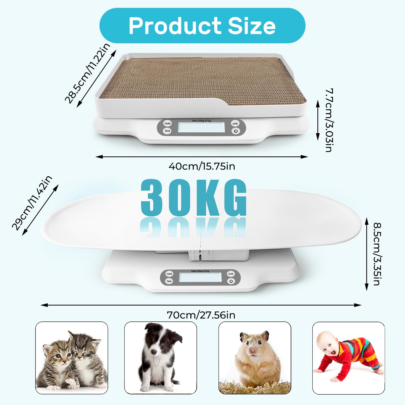 Balance Bébé Numérique 30kg 70cm avec Plateau Amovible, Fonction Hold, Tare, écran LED