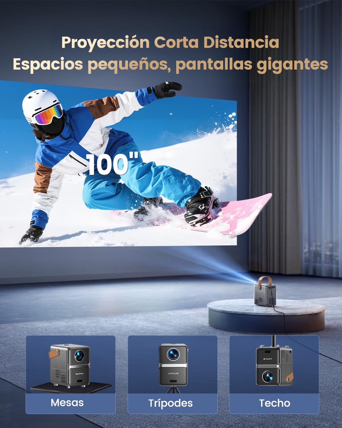 Mini Proyector Portatil 4K【Netflix Ready/Dolby】 WiMiUS Proyector 1080P FHD con Auto Keystone/E-Enfoque, Apps Integrada WiFi & Bluetooth, Projector Portable 4k Cine en Casa para Movil/PC/HDMI ARC